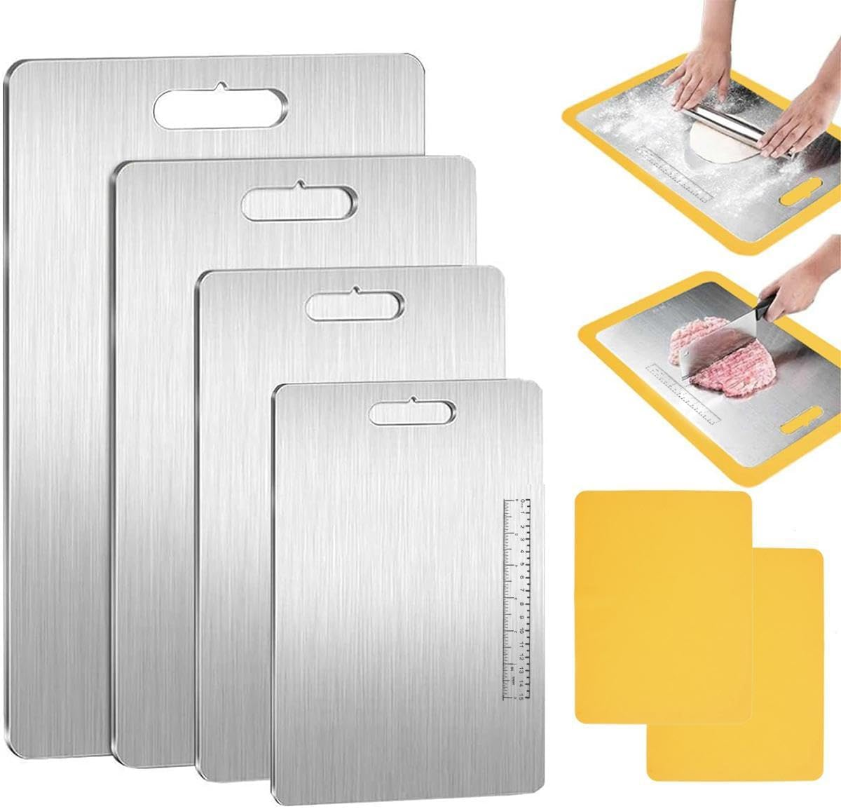 9SHOME 4PCS Stainless Steel Chopping Board, Thickened Cutting Boards for Kitchen, Double Sided Food-Grade Hanging Kitchen Pastry Board with Silicone Mats for Meat Fruit and Vegetable, 1.5Mm Thick image number 4
