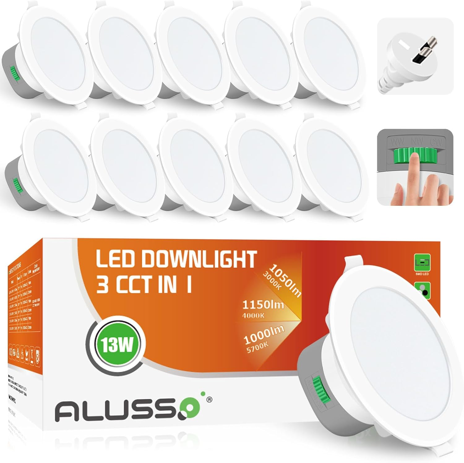 ALUSSO LIGHTING 13W LED Downlight 1150Lm Warm Natural Cool White 3000K 4000K 5700K Changeable Dimmable Flat White round 90Mm Cutout Recessed Ceiling Spot Light 230V IP44 Waterproof 10Pack image number 1