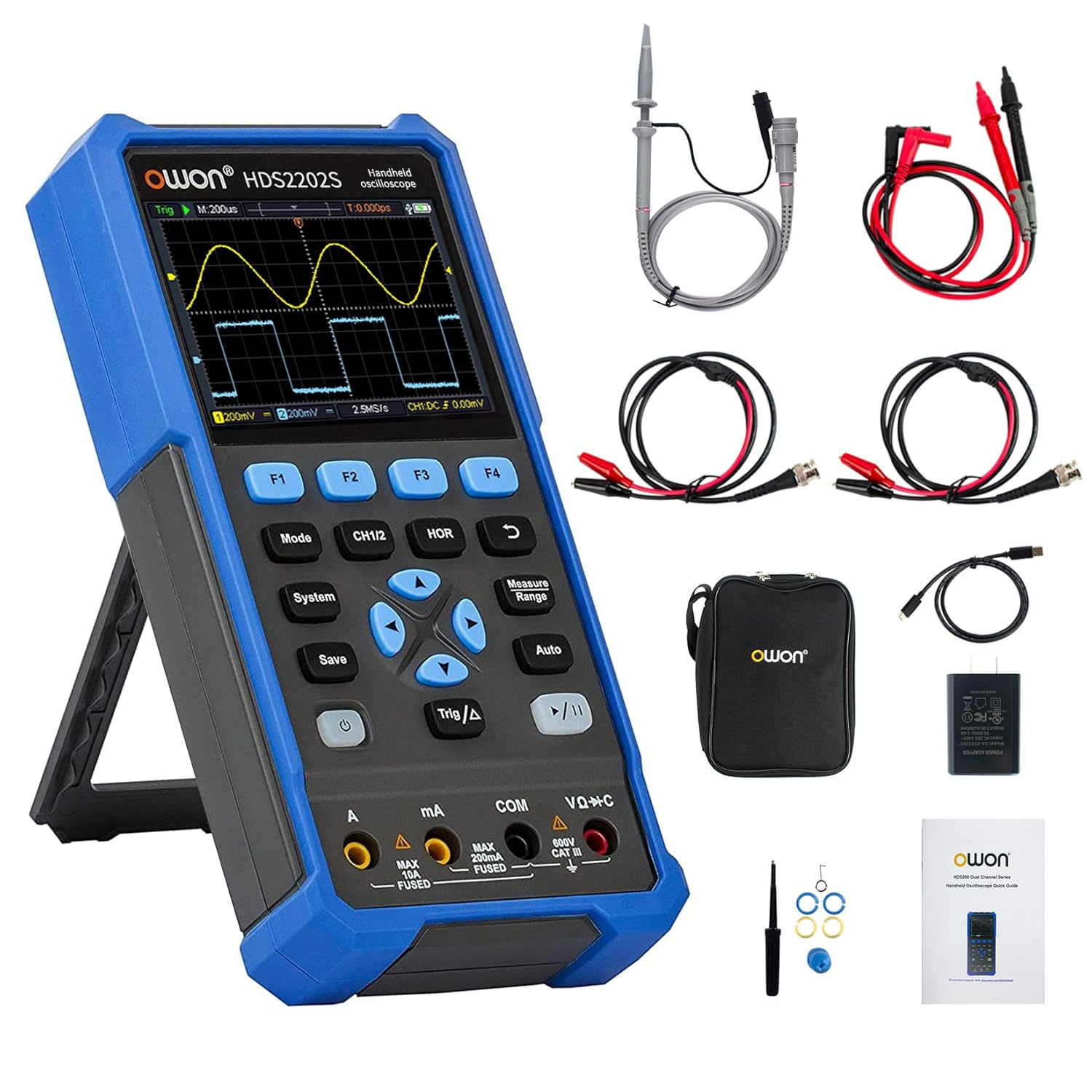 OWON Oscilloscope Hds2202S 3 in 1 Digital Handheld Oscilloscope Multiumeter,2-Ch 200 Mhz Bandwidth USB Type-C Interface, 20000 Counts Digital Multimeter with 3.5 Inch LCD Display image number 1