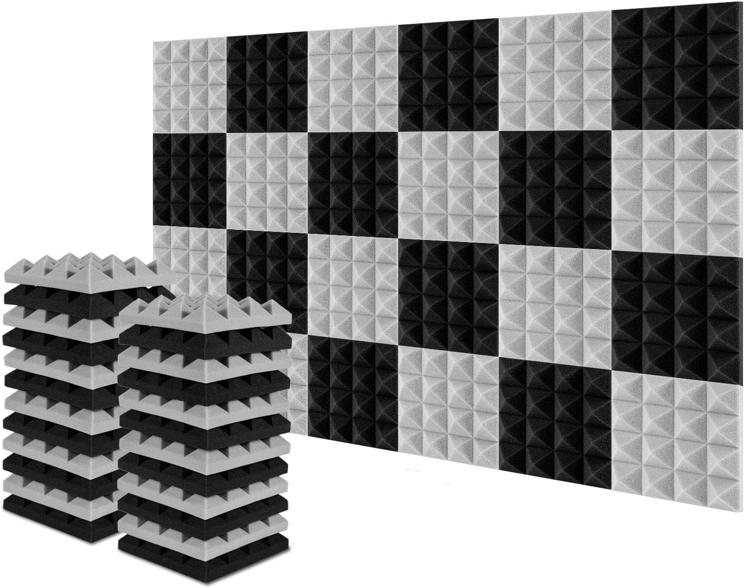 Acoustic Foam Tiles, 24 Packs Soundproof Studio Foams 25X25X5Cm Black and Grey Pyramid Acoustic Panels Home Studio Sound Treatment, for Recording Studio, TV Room, Kid&rsquo;S Room, Office, Podcast image number 5