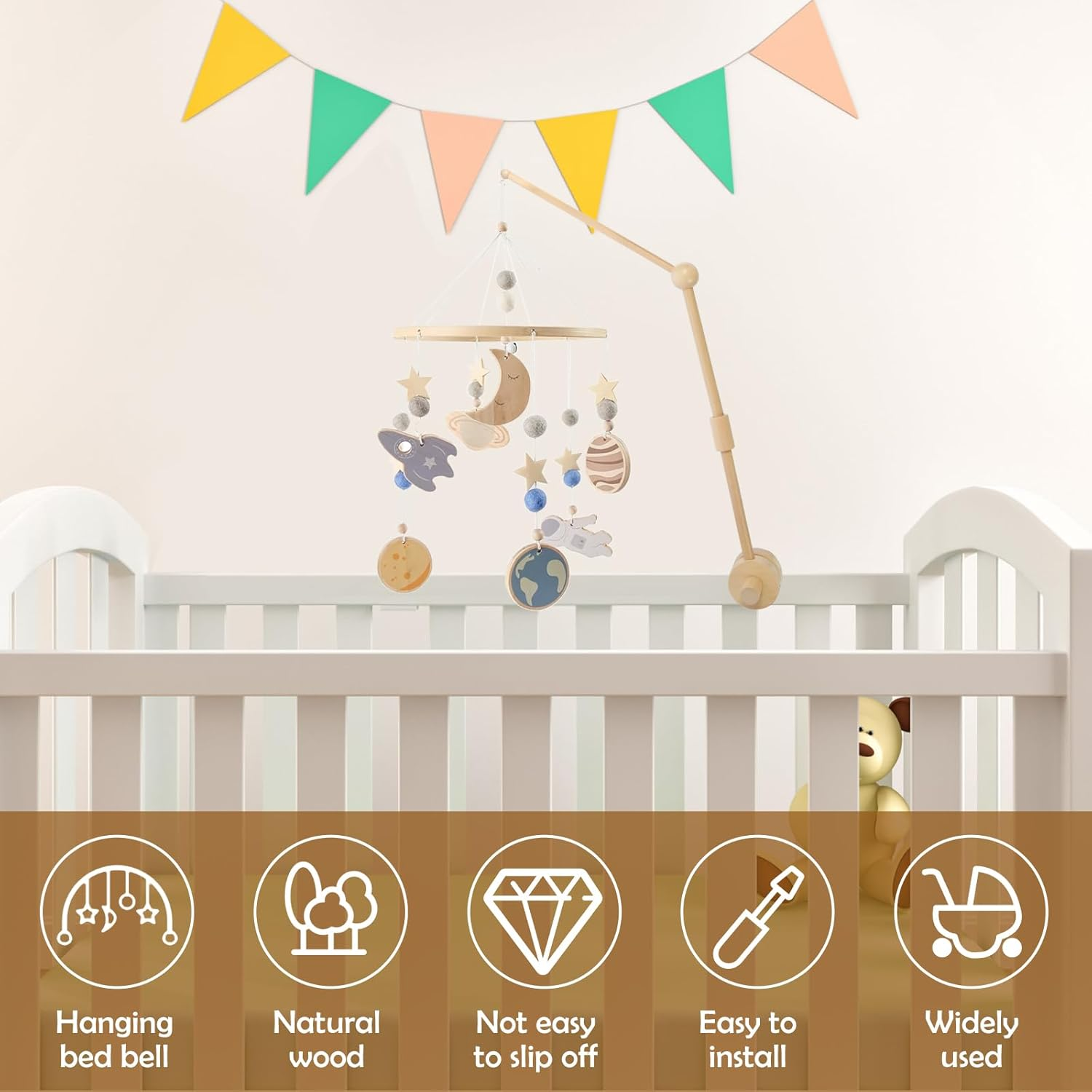 33.7Inch Baby Crib Mobile Arm Wooden Crib Mobile Holder Non-Skid Crib Mobile Bed Bell Holder Arm Nursery Mobile Hanger DIY Baby Crib Mobile Holder for Crib Nursery Decor Infant Toy image number 4