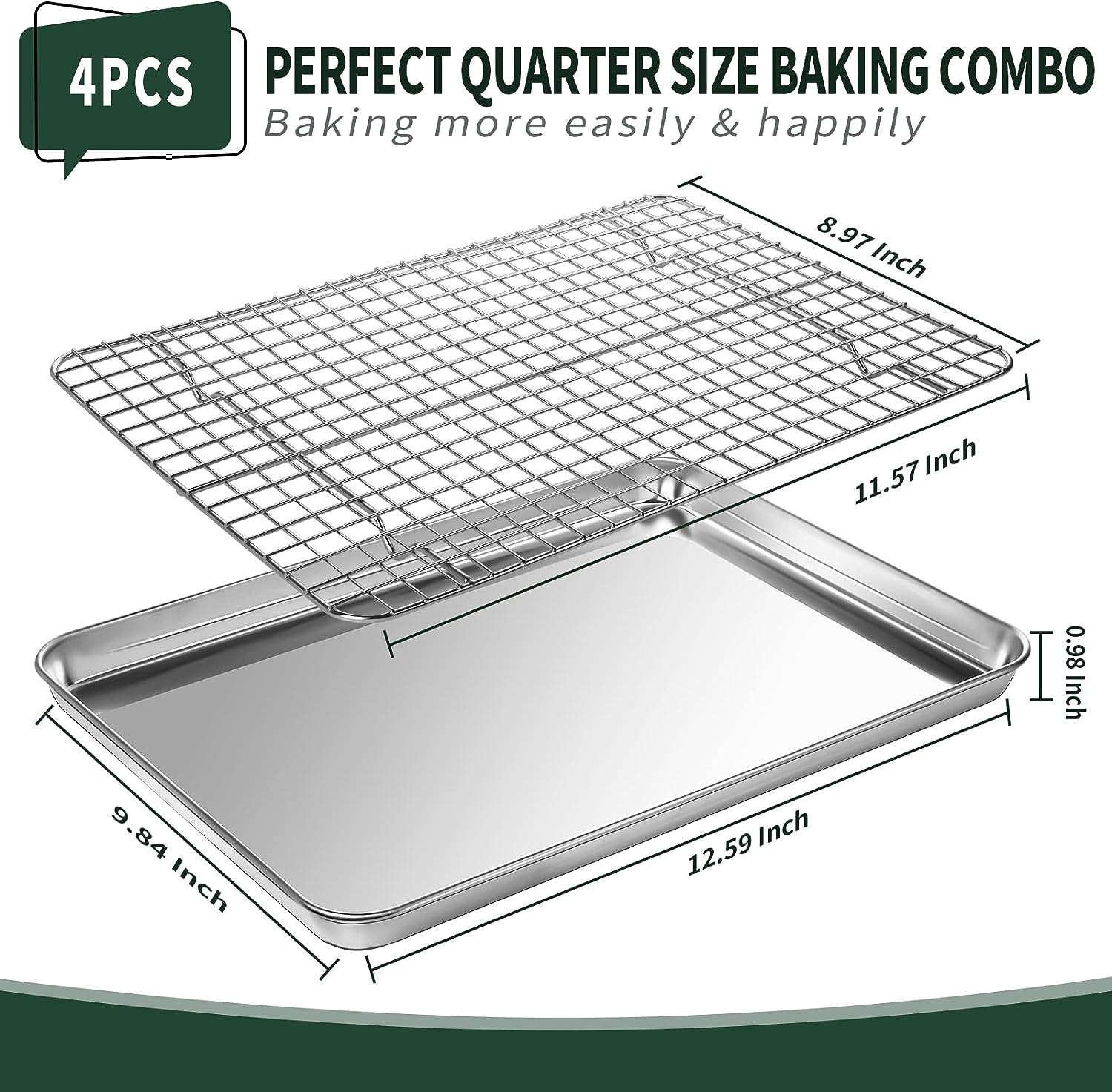 CEKEE Quarter Sheet Pan with Cooling Rack Set [2 Baking Sheets + 2 Baking Racks], Stainless Steel Cookie Sheets for Baking and Wire Rack - Rust & Warp Resistant & Nonstick, Size 12 X 9.8 X 1 Inch image number 6