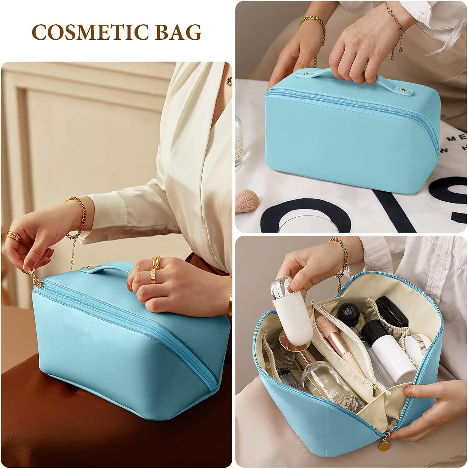 NAKODU Travel Makeup Bag,Large Capacity Cosmetic Bags for Women,Waterproof Portable Pouch Open Flat Toiletry Bag Make up Organizer with Divider and Handle (Blue) - Brown image number 5