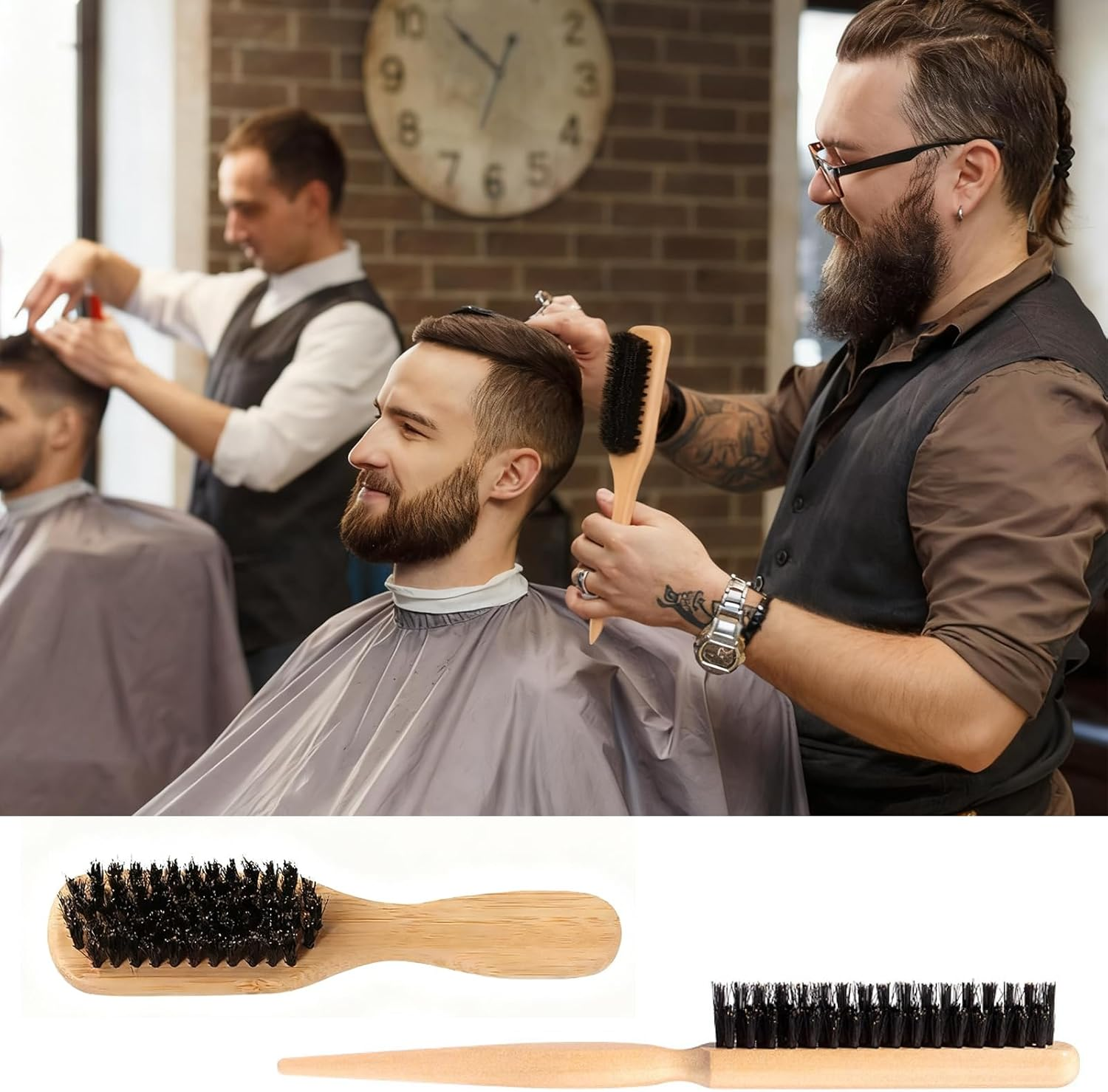 3 Pack Slick Back Hair Brush, Boar Bristle Hair Brush for Men & Women,Anti-Static Wooden Handle,Can Style,Manage,And Flatten Hair/Beard,Ideal for Sleek Styles, Wax Stick Application & Hair Parting image number 5