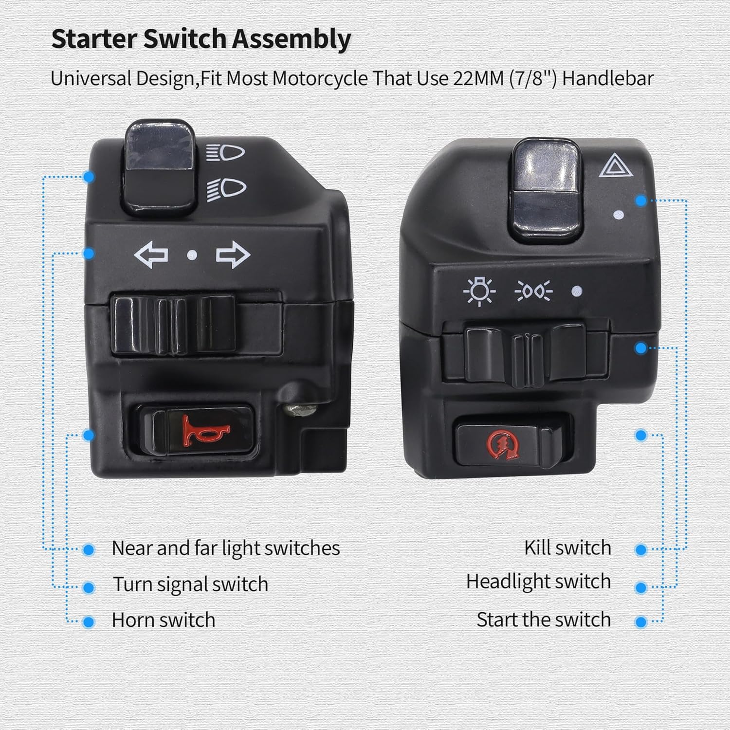 Hisport Black Universal Aluminum 7/8" 22MM Motorcycle Switch Handlebar Motorbike Horn Turn Signal Headlight Control Buttons image number 4