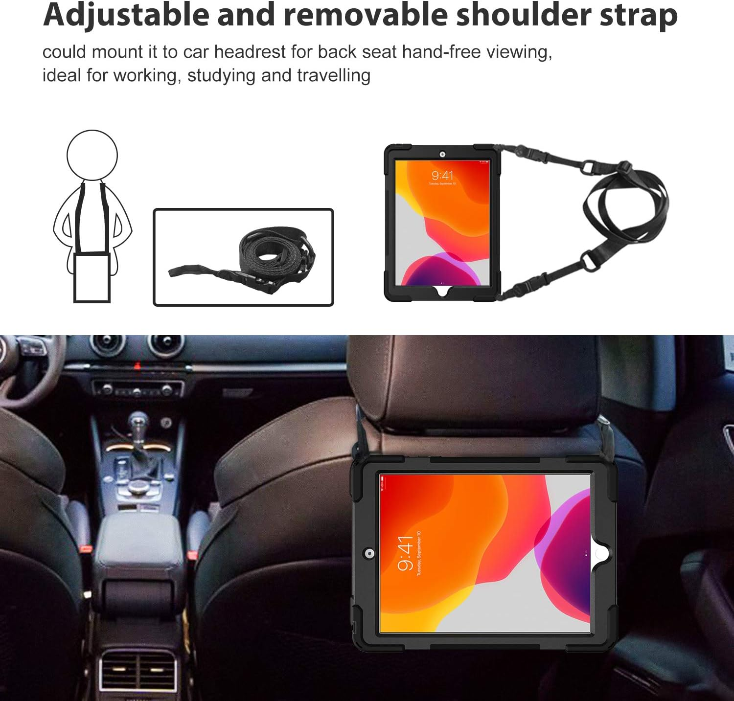 Procase Rugged Case for Ipad 9Th/ 8Th/ 7Th Generation 10.2" (2021/2020/2019), Heavy Duty Shockproof Protective Cover with Strap for Ipad 9/8/7 -Black - Moroccoblue image number 5