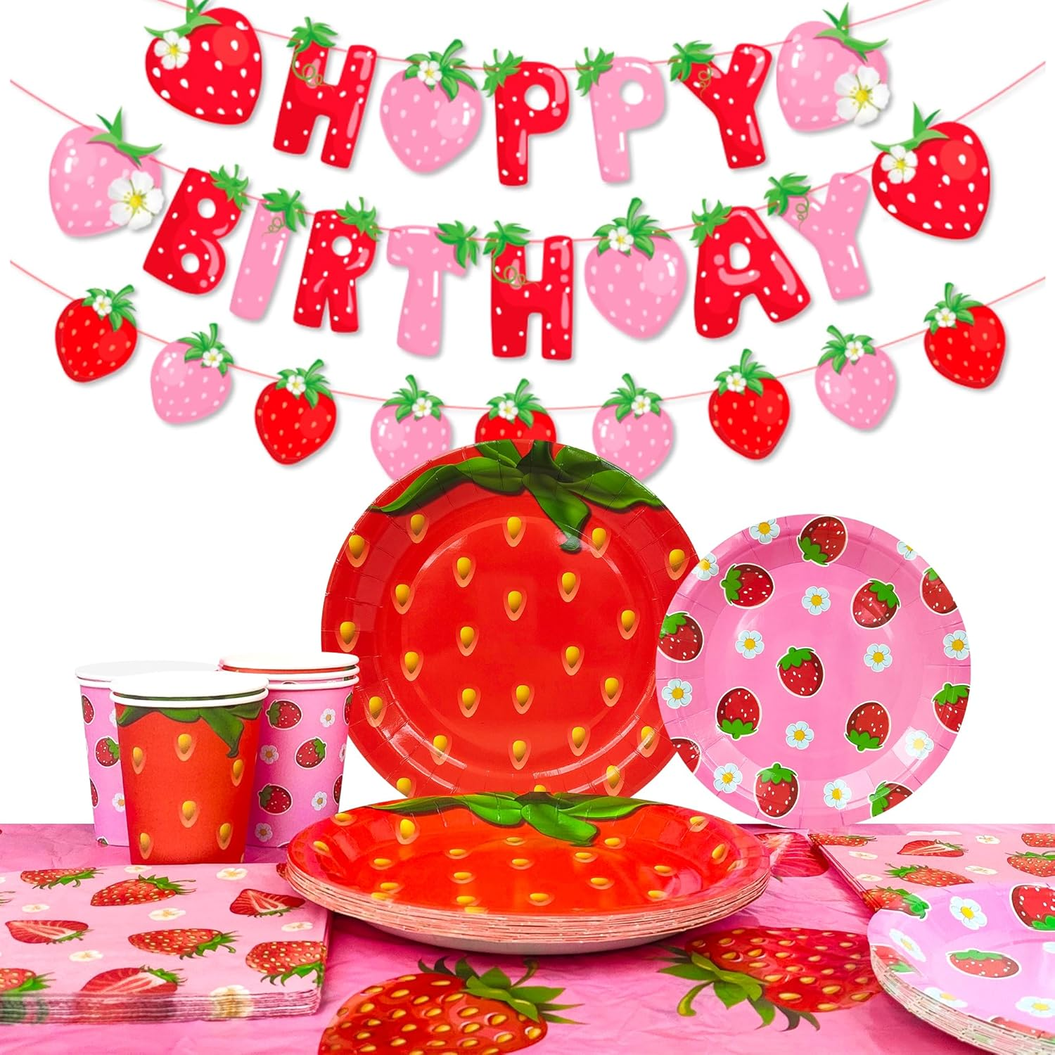 Strawberry Birthday Tableware, 91Pcs Strawberry Party Tableware Set - Strawberry Birthday Party Plates Napkins Cups Tablecloth Etc Strawberry Baby Shower Tableware for Strawberry Birthday Decorations image number 3