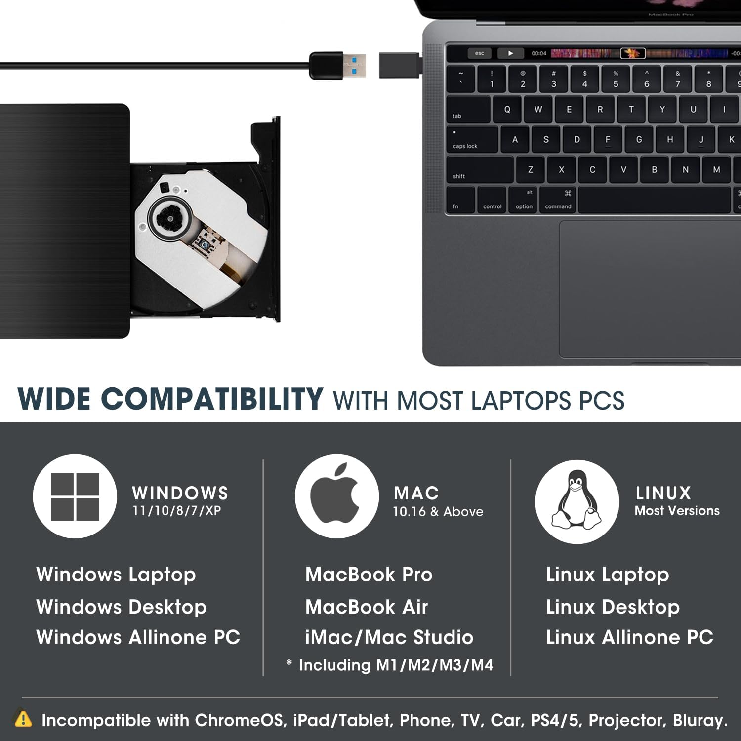 ROOFULL External CD DVD Drive for Laptop, USB 3.0 Type-C Portable CD/DVD Player Burner Reader Writer Adapter for Windows 11/10 Computer Mac Macbook Linux PC image number 4