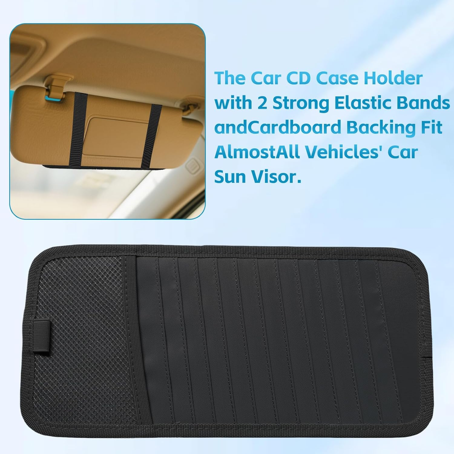 CD Visor Holder for Car, 12 DVD Case, Vehicle Sun Visor CD Storage Organizer 1 Mesh Pocket 1 Pen Holder and Elastic Strap image number 4