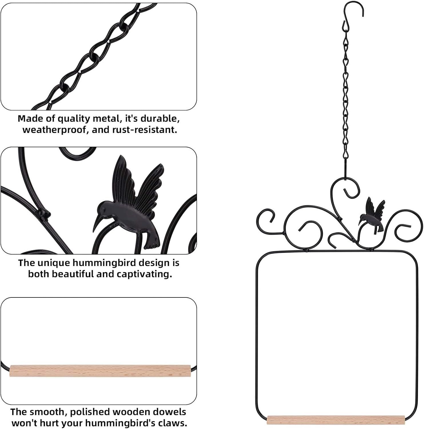 2PK Hummingbird Swings and Perches, Metal Frame Bird Swing with Wooden Dowels and Hanging Chains Bird Cage Accessories for Garden Patio Window Trunk Lawn Tree Branch Decoration (Black)