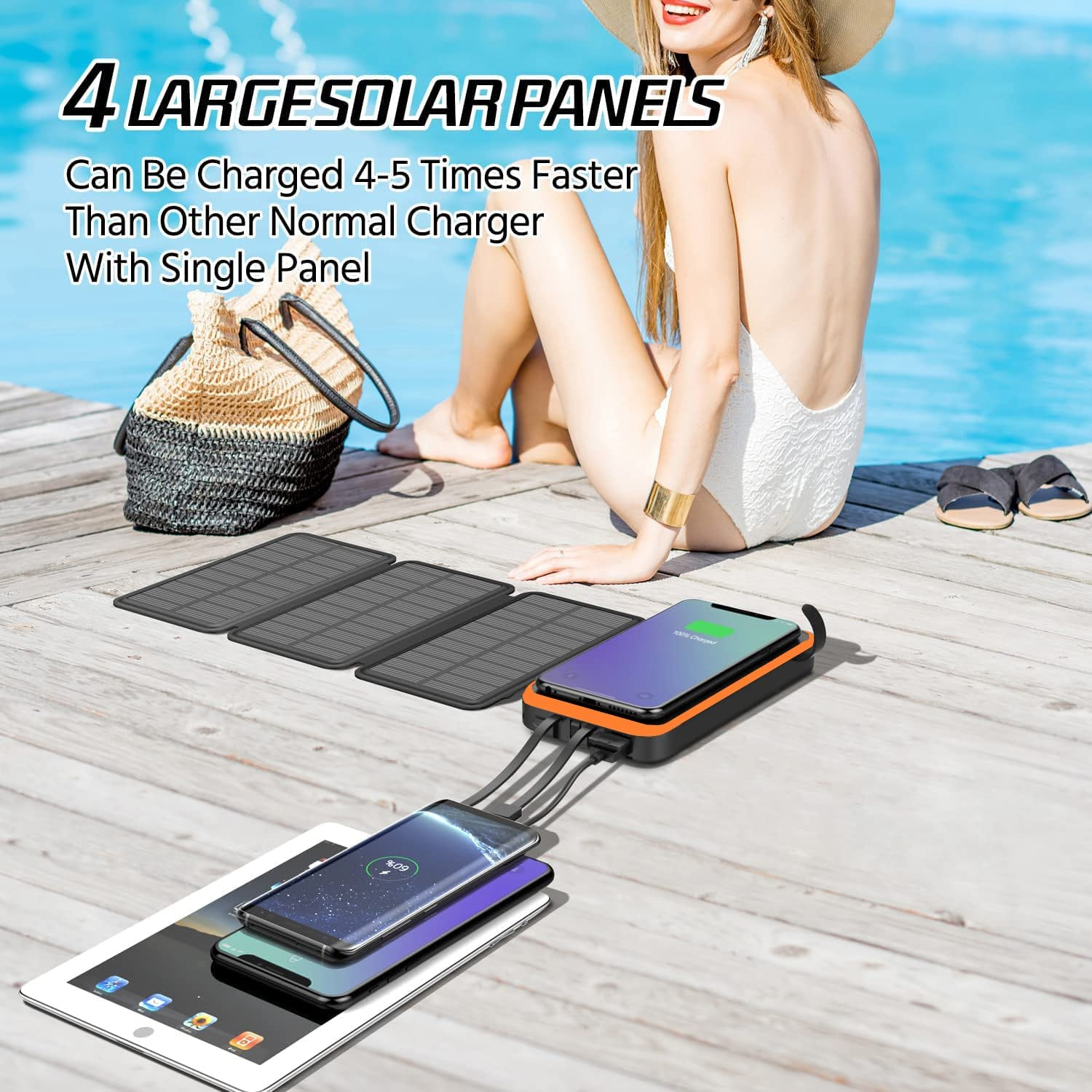 2025 Upgraded Solar Power Bank, 26800Mah with 4X Foldable Solar Panels Built-In 2 Output & 1 Input Cables PD 20W QC3.0 18W Fast Charging and Qi 10W Wireless Charging 6W Solar Charging Portable Charger image number 2