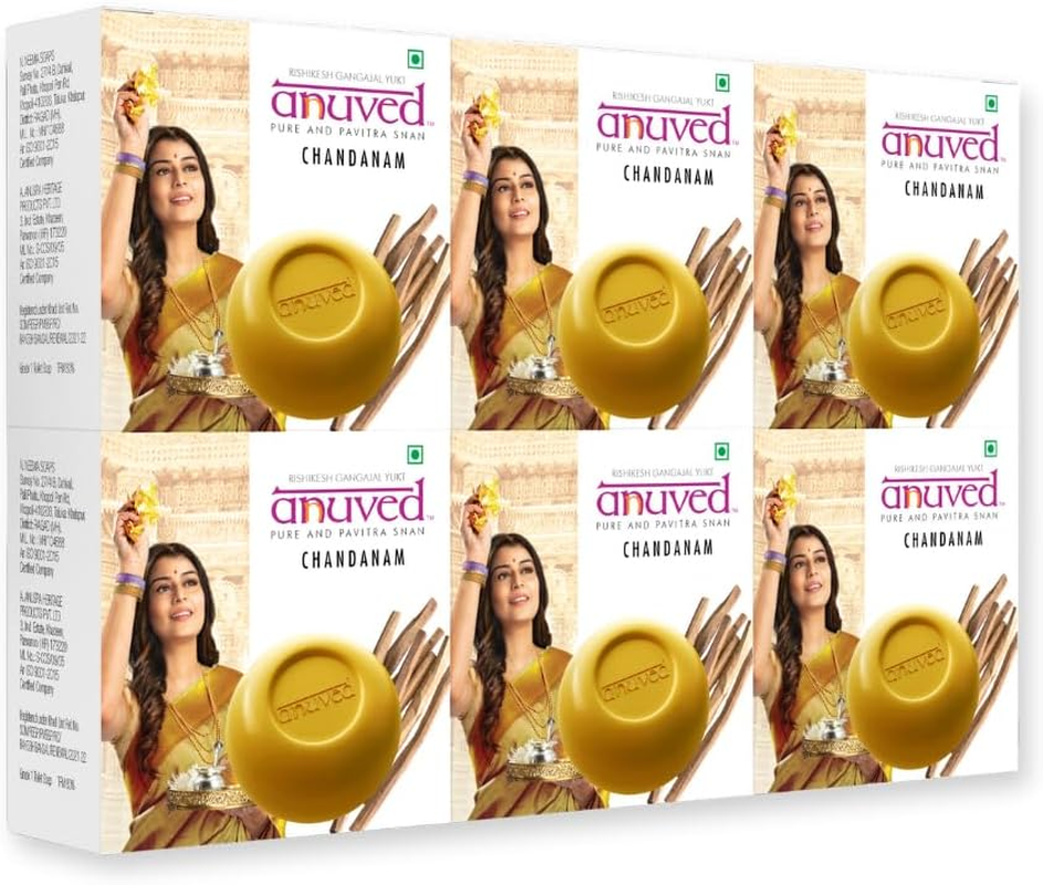 Anuved Herbal Chandanam Soap for Your Skin Nourishment. It Is Enriched with Pure Sandalwood Oil and Rishikesh Gangajal 125 Gm Each (Set of 6).