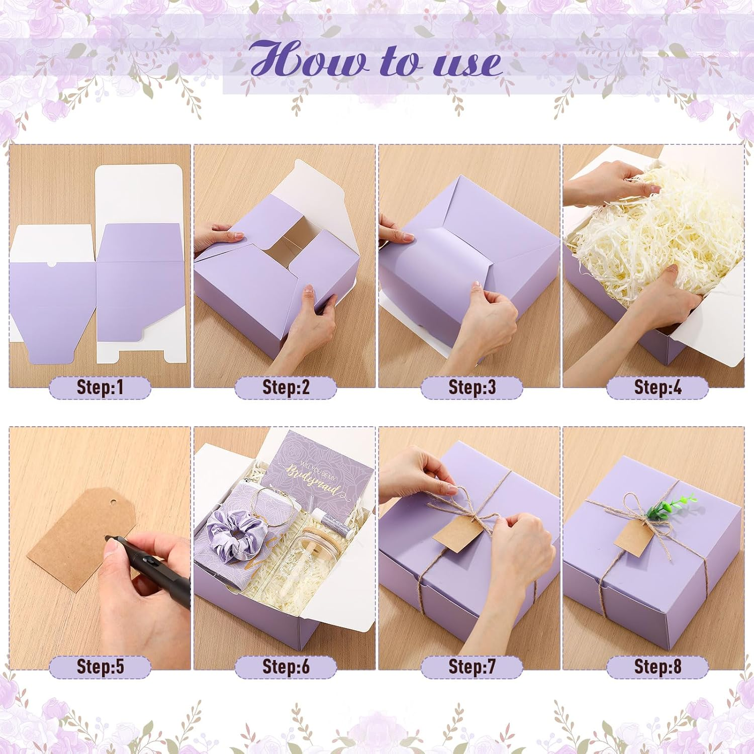 Filltouch 54 Pcs Bridesmaid Proposal Gifts, Maid of Honor Gift Include Wedding Gift Box Makeup Bag Invited Card Glass Cup Lip Balm Scrunchie Bracelet for Bridal Shower Bachelorette Party(Purple) image number 6