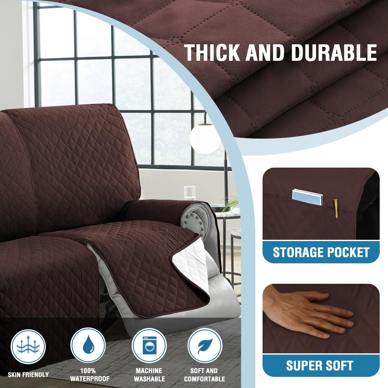 Smarcute 100% Waterproof Recliner Cover 1-Piece Recliner Sofa Cover for 3 Cushion Couch Furniture Protector Cover with Non Slip Backing and Strap for Kids, Dogs, Pets(3 Seater, Chocolate) image number 6