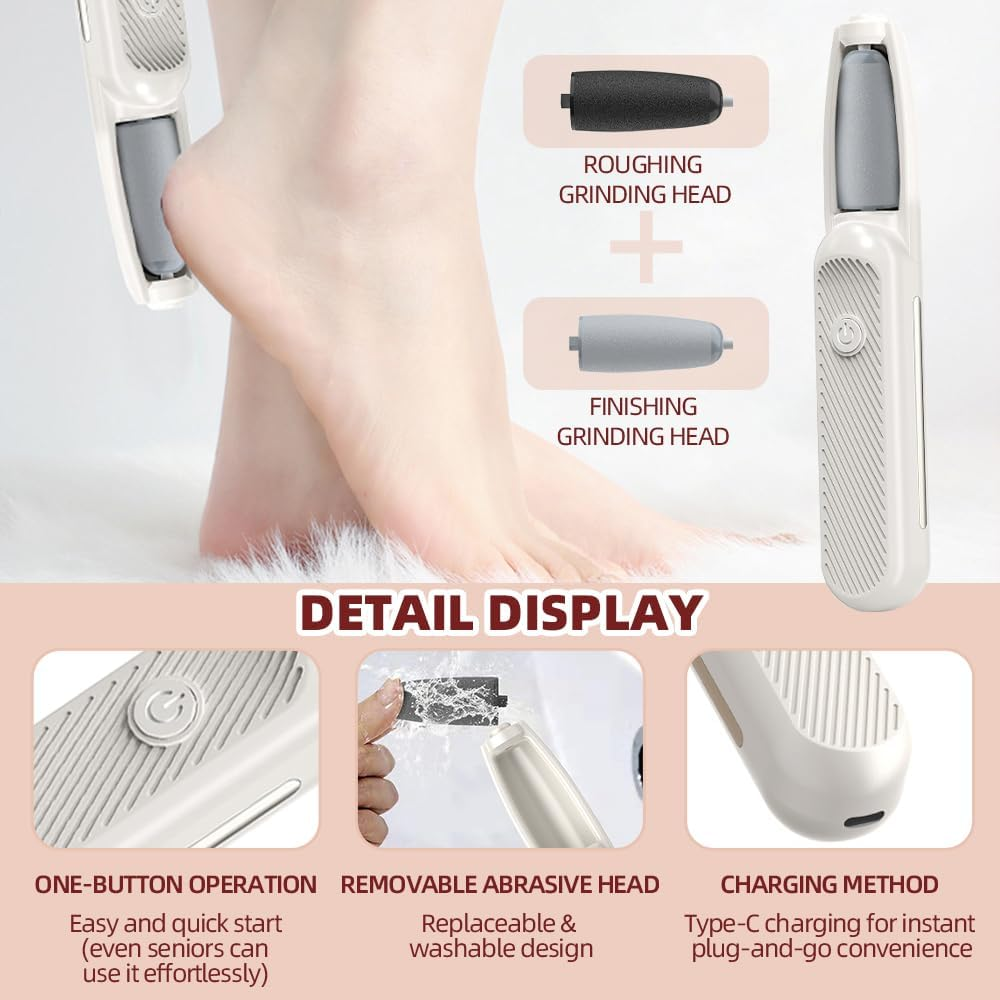 Electric Callus Remover, Electric Callus Remover with 6 Grinding Heads, 3 Speeds, Rechargeable Electric Callus Remover Feet, for Dead, Hard, Cracked Skin (White) image number 5