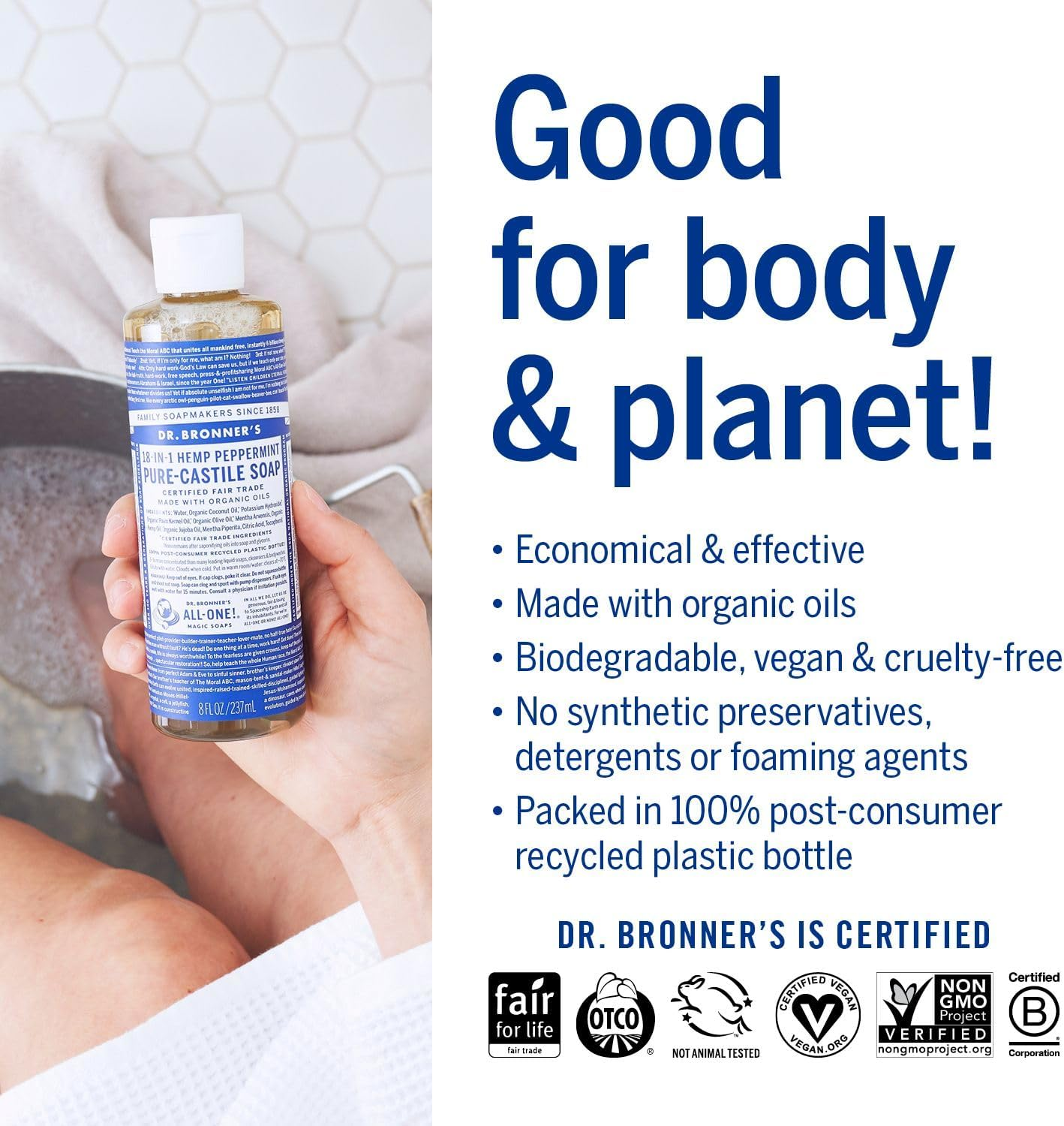 Dr. Bronner'S - Pure Castile Liquid Soap 3 Pack - Organic Oils - Gentle Skin Care - Peppermint Scent - (3X237Ml) image number 3