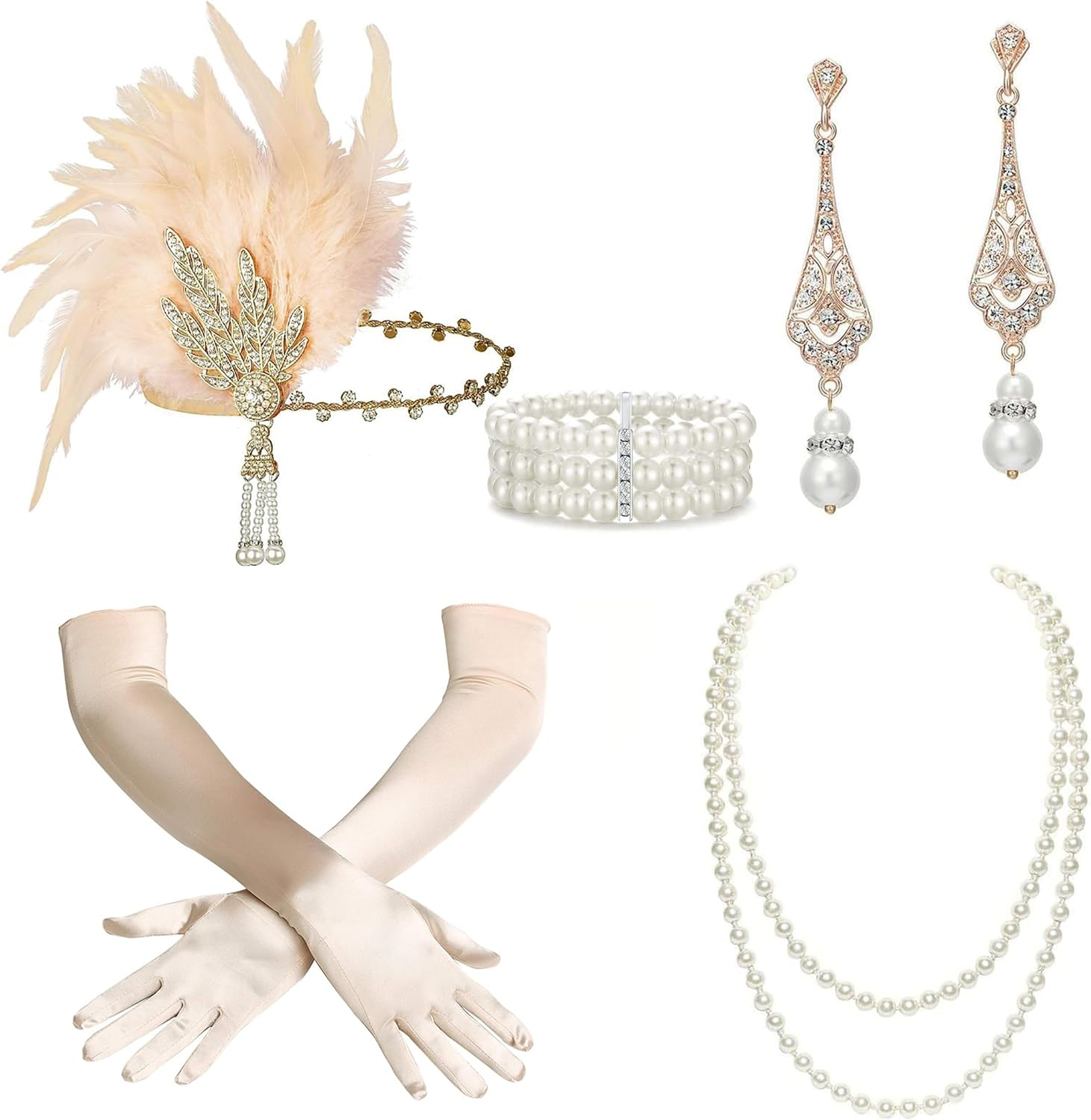 BABEYOND Art Deco 1920'S Flapper Great Gatsby Inspired Leaf Medallion Pearl Headband Feather (Gold and Champagne Feather)