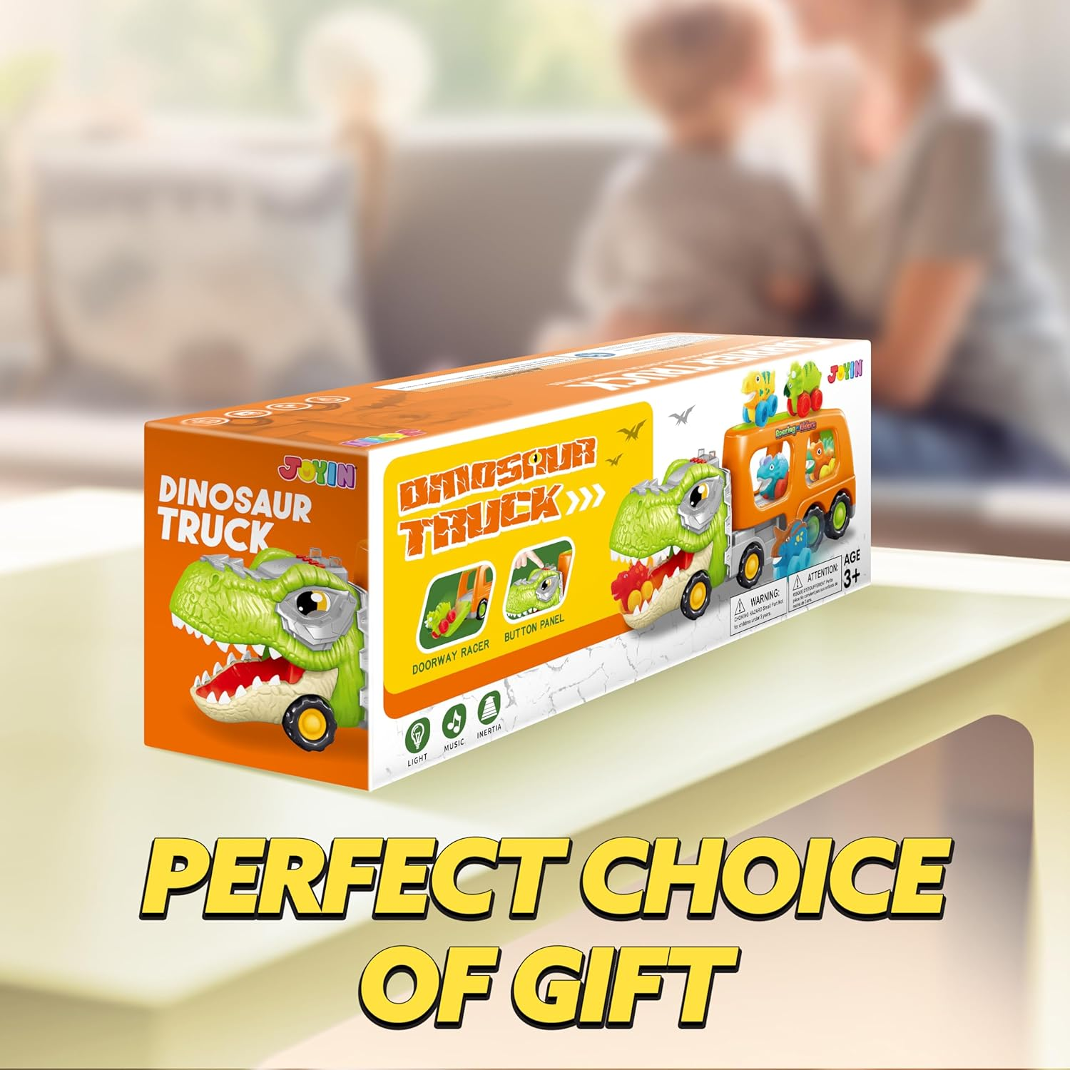 JOYIN Dinosaur Truck Toys for Kids, Kids Toys Boys Age 3 4 5, Dinosaur Car Carrier Truck Toy with 6 Rubber Car Vehicles, Toddler Birthday Gifts with Music & Lights for 3 4 5 Year Old Boys image number 3