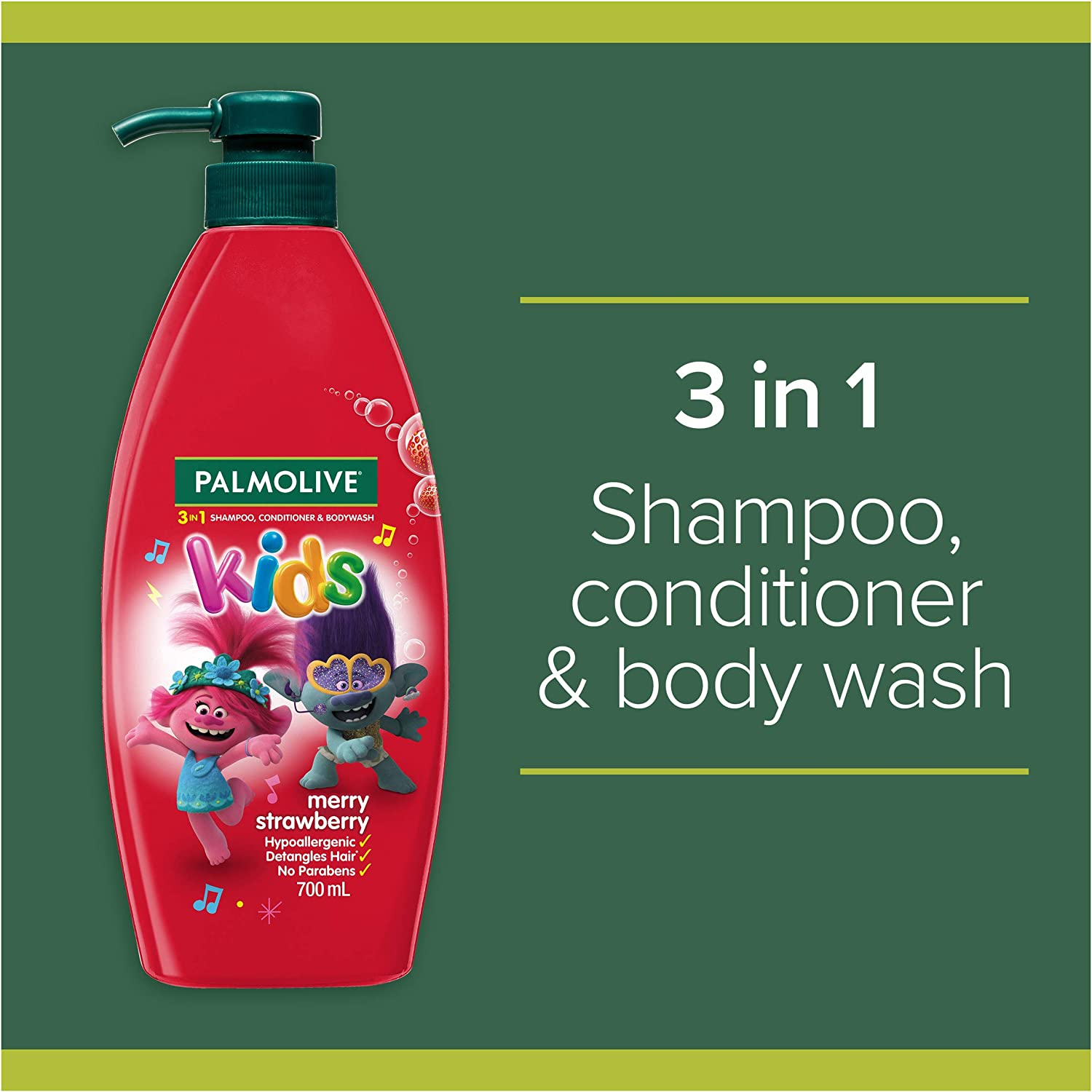Palmolive Kids 3 in 1 Hair Shampoo, Conditioner and Body Wash 700Ml, Trolls Merry Strawberry, Hypoallergenic, Detangles Hair, No Parabens image number 6