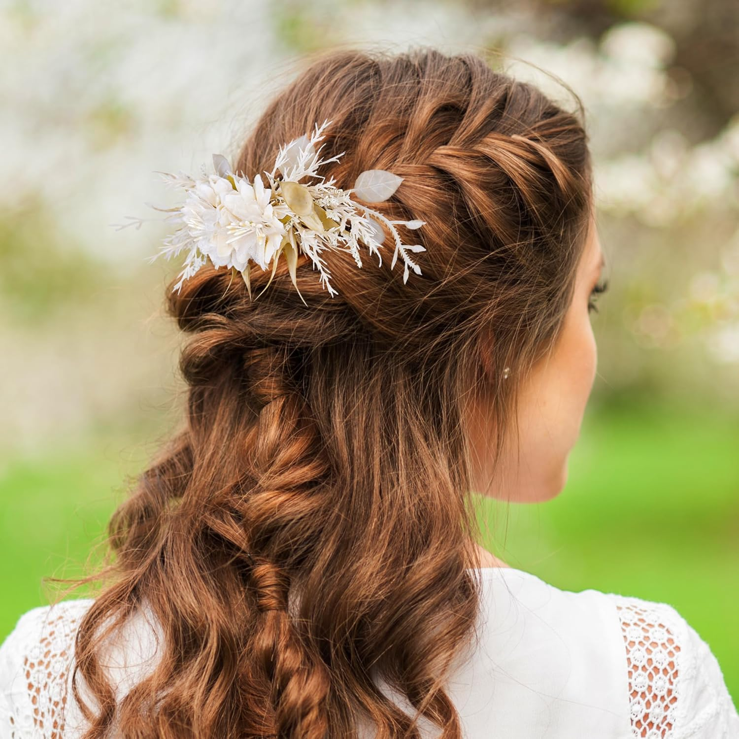 Partyforu Bridal Flower Hair Comb for Women, Handmade White Flower Comb for Wedding, Flower Hair Accessories for Bride, Bridesmaid, Hen Party, Bridal Shower image number 4