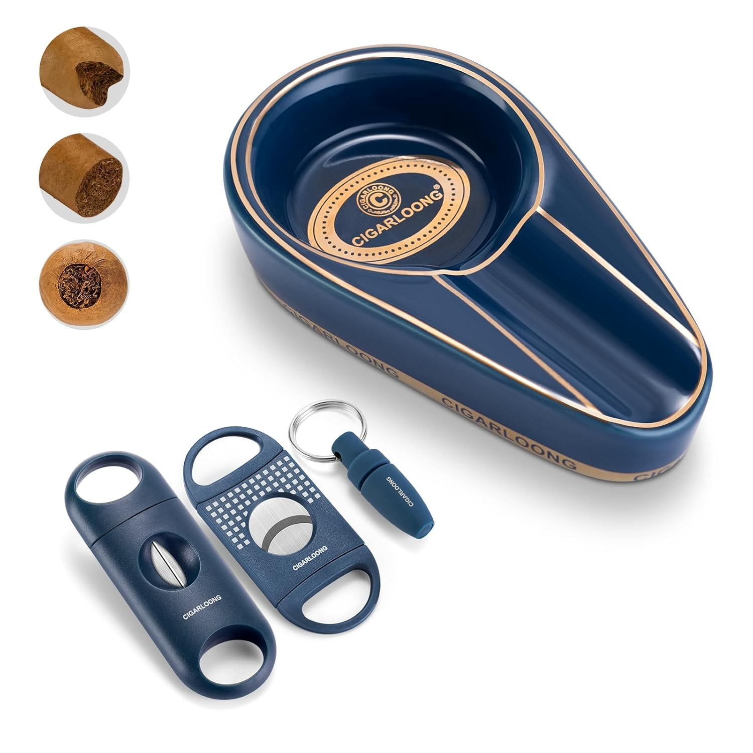 Cigar Ashtray with Cigar Cutter Set Portable, Include Ceramic Ashtray, Enlarge Sharp V-Cut Cutter Punch with Gift Box, Accessories Set for Men(Yellow)