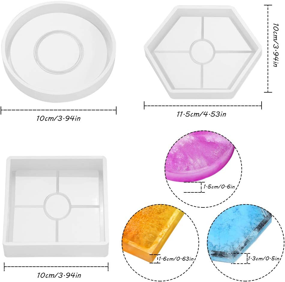 Sourceton Pack of 3 DIY Coaster Silicone Mold, Resin Molds Include Round, Square, Hexagon, Molds for Casting with Resin, Cement. image number 5