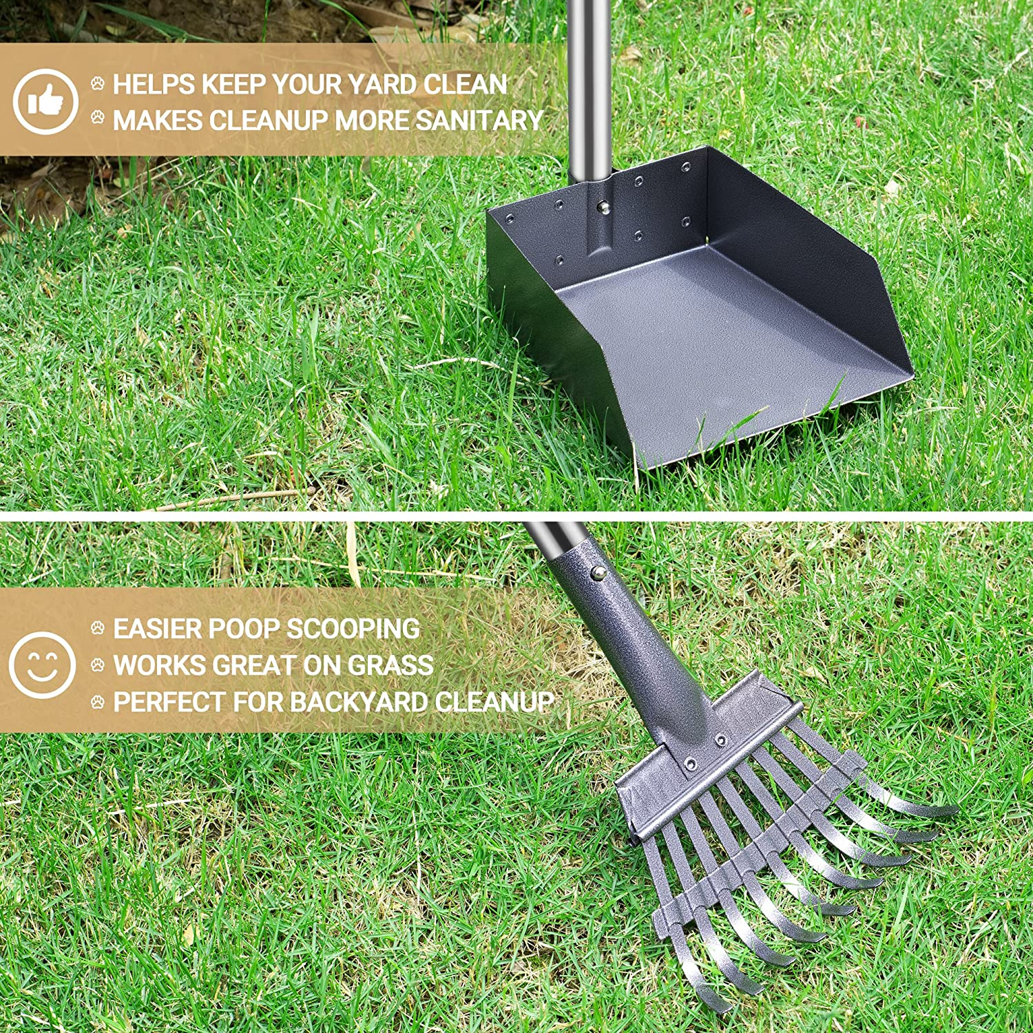 Heeyoo Upgraded Dog Poop Tray and Rake Set, Pet Waste Removal Scoop with 37.8 Inches Long Adjustable Sectional Stainless Handles image number 1