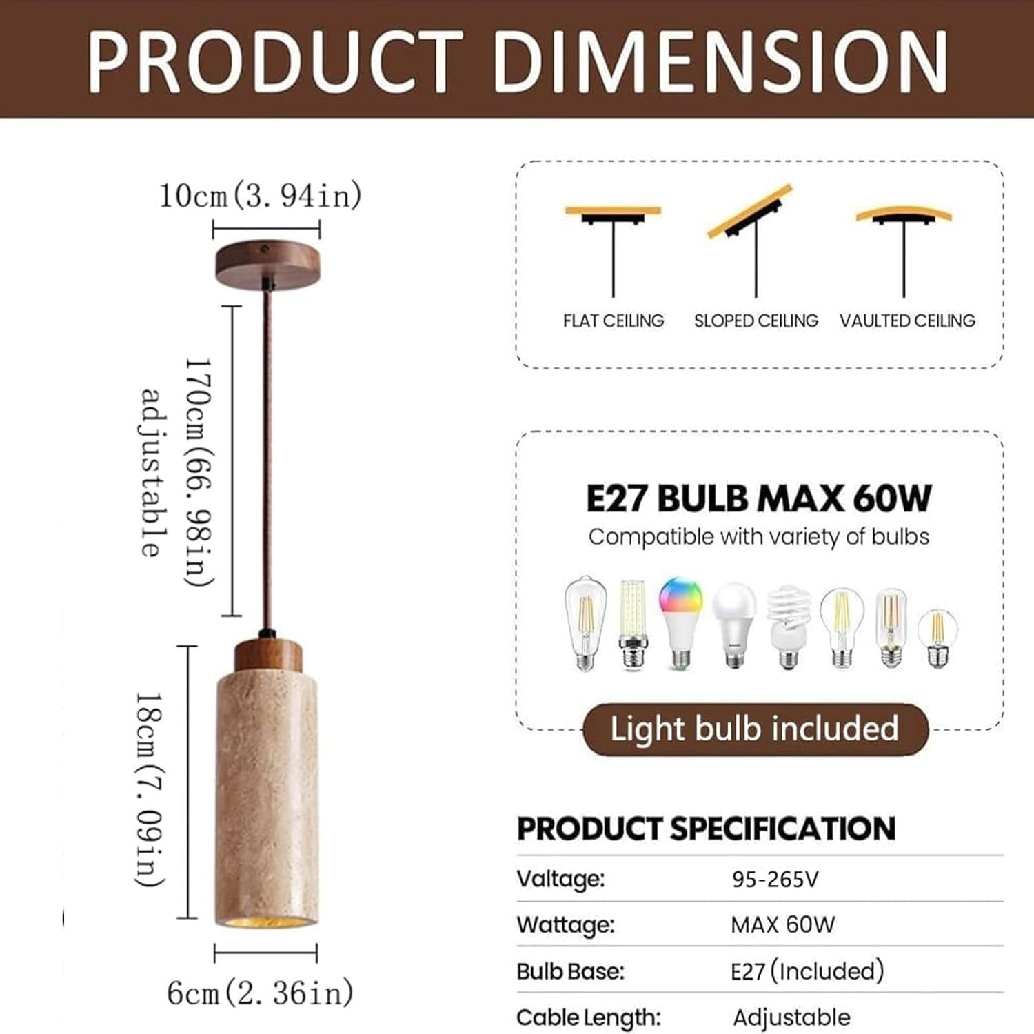 Pendant Light, Japanese Style Natural Travertine Pendant Lamp for Dining Room, Kitchen Island, Living Room,Handcrafted Natural Stone, Adjustable Drop for Different Ceiling Heights (Yellow,M) - Yellow image number 4