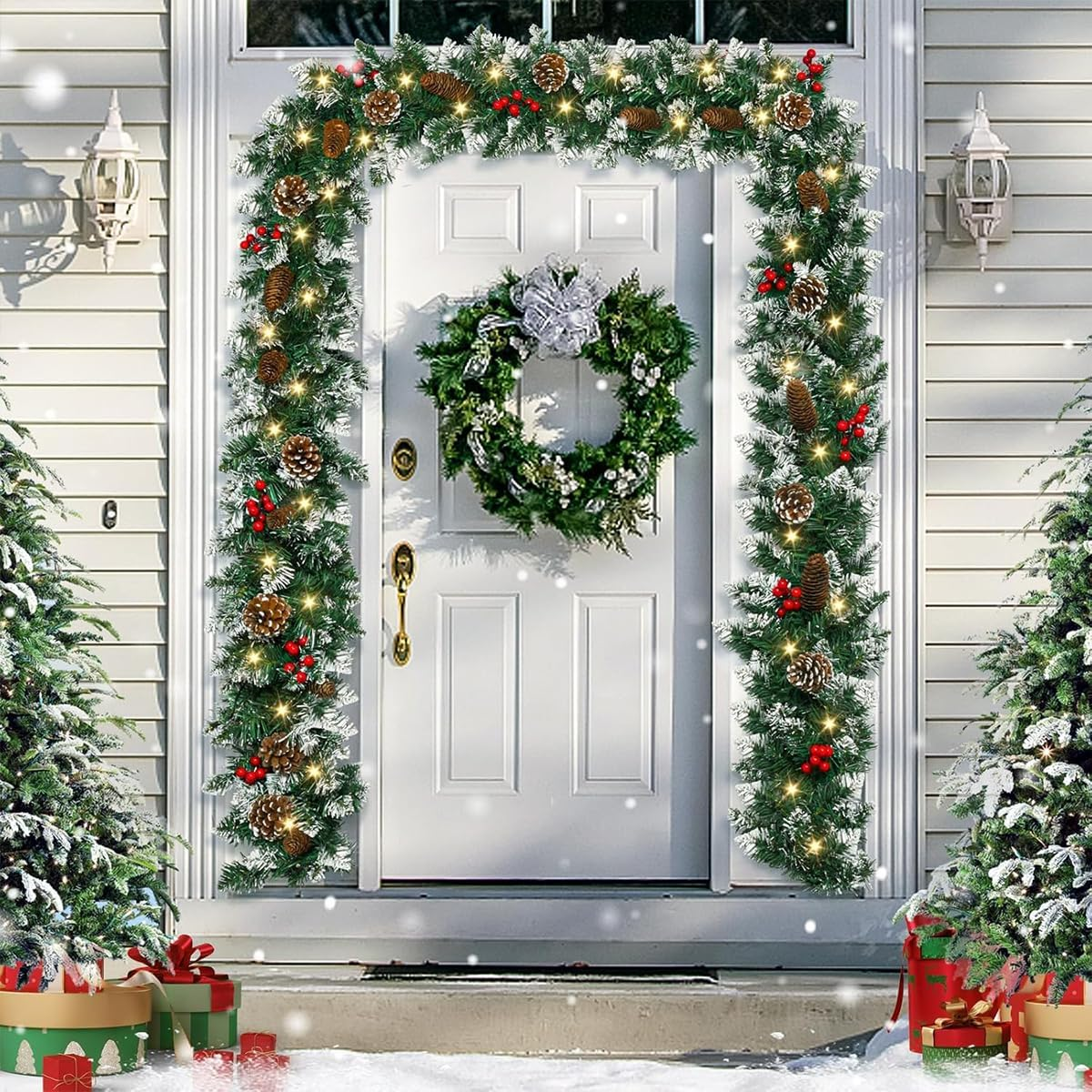 9 FT Christmas Garland with Lights,Battery Operated Lighted Garland with Pine Cones Red Berries Lush Branches,50 LED Lights 8 Modes,Christmas Decor Mantle Fireplace Indoor Outdoor Home (1, 9.02 FT)