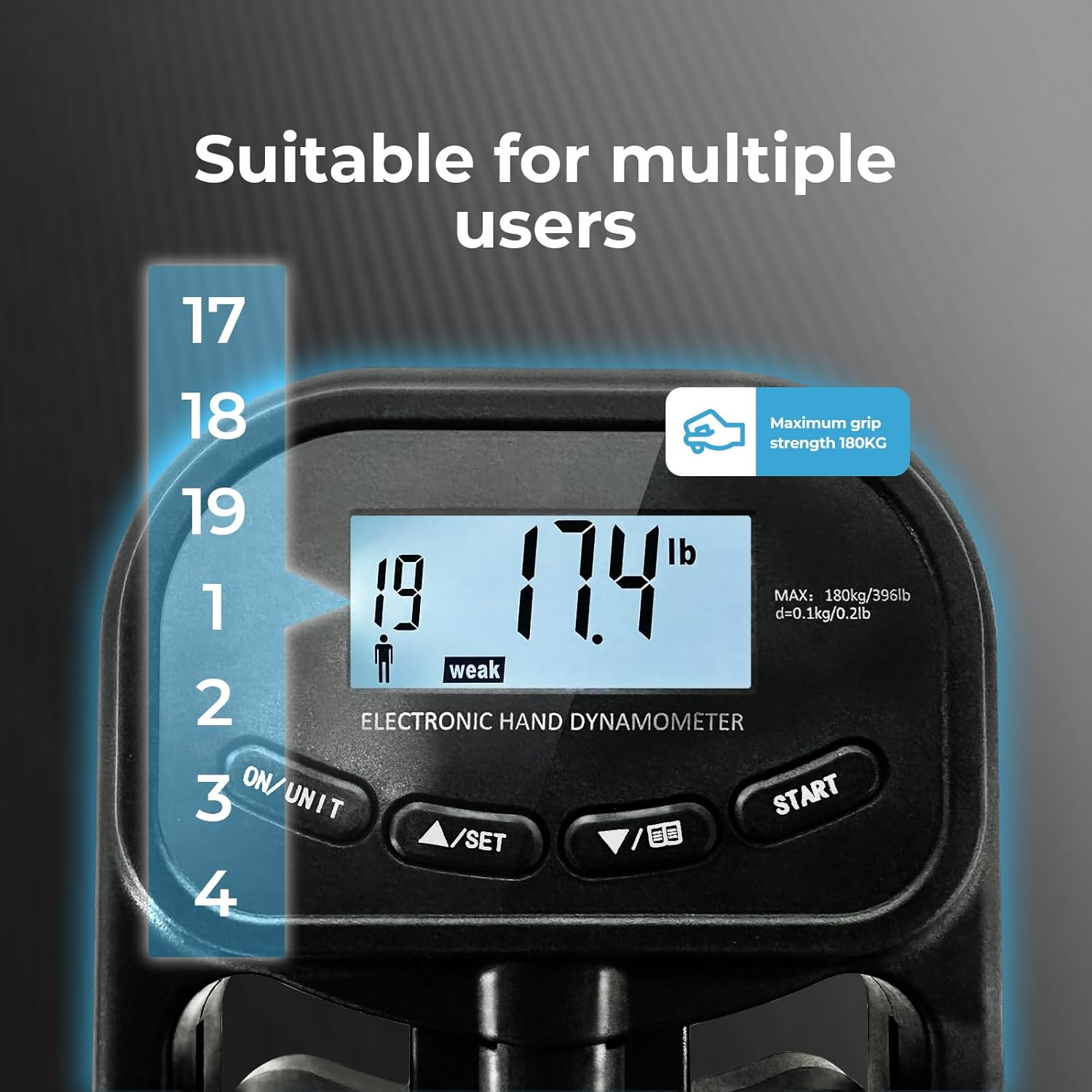 Centra Hand Dynamometer Grip Strength Trainer, Digital Hand Grip Strength Tester, Grip Strength Measurement Exercise,Auto Capturing Electronic Hand Grip Power 180Kgs for Sport Home School Use