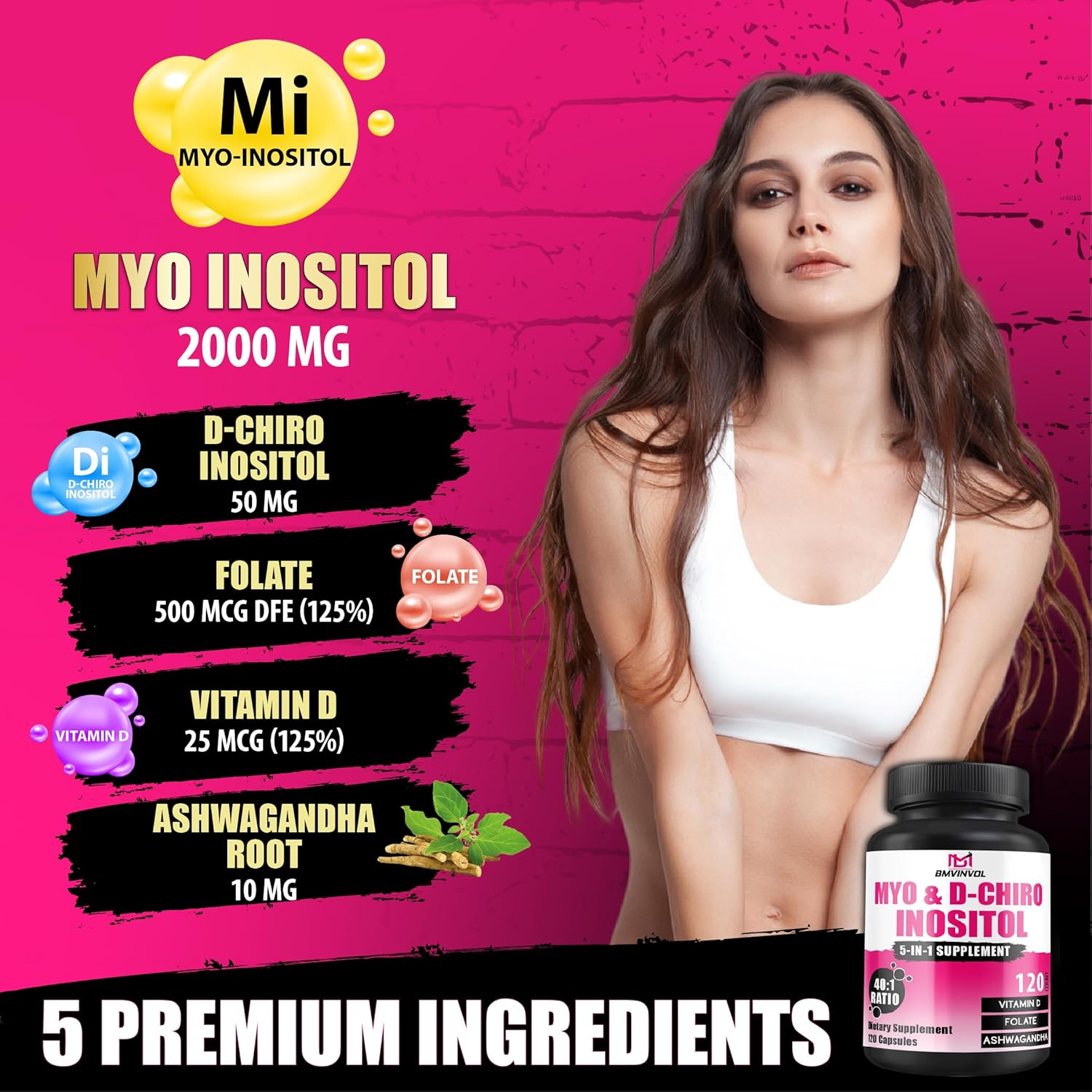 2,050Mg Myo-Inositol & D-Chiro Inositol Capsules with Folate, Vitamin D- Hormone Balance & Ovarian Support for Women - Ideal 40:1 Ratio - 120 Capsules image number 3