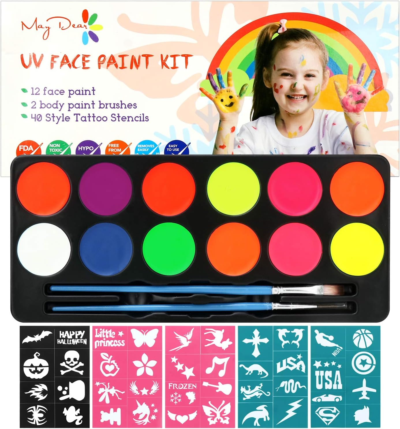 Maydear Face Painting Kit for Kids with Safe and Non-Toxic Water Based 12 Colors UV Fluorescent Face Paint, 40 Stencils & 2 Brushes image number 1