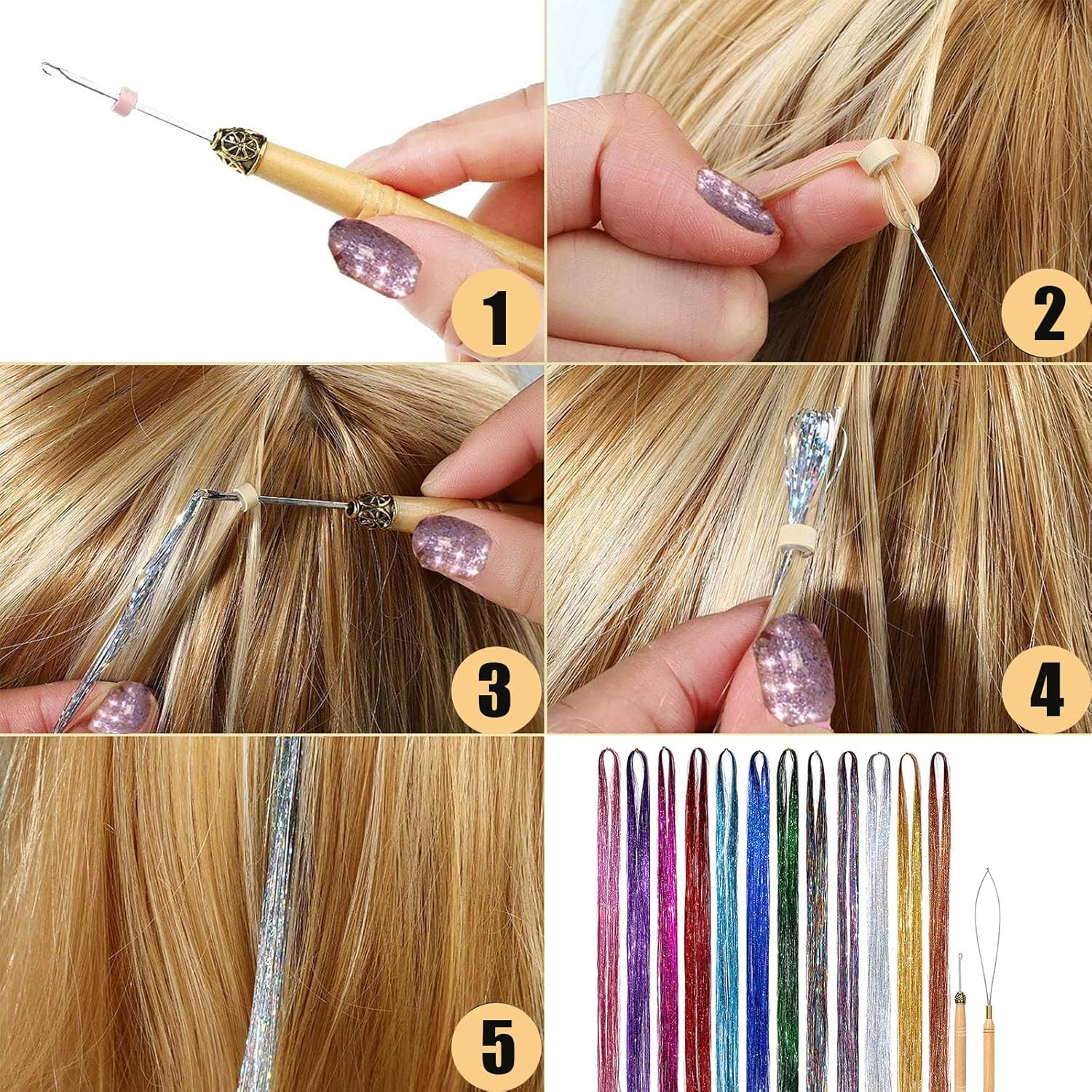 Hair Tinsel Strands Kit with Tools, 90Cm 12 Colors 2400 Strands Sparkling Party Tinsel Hair Extensions Highlights Multi-Colors Synthetic Hair Streak Bling for Women Girls image number 1