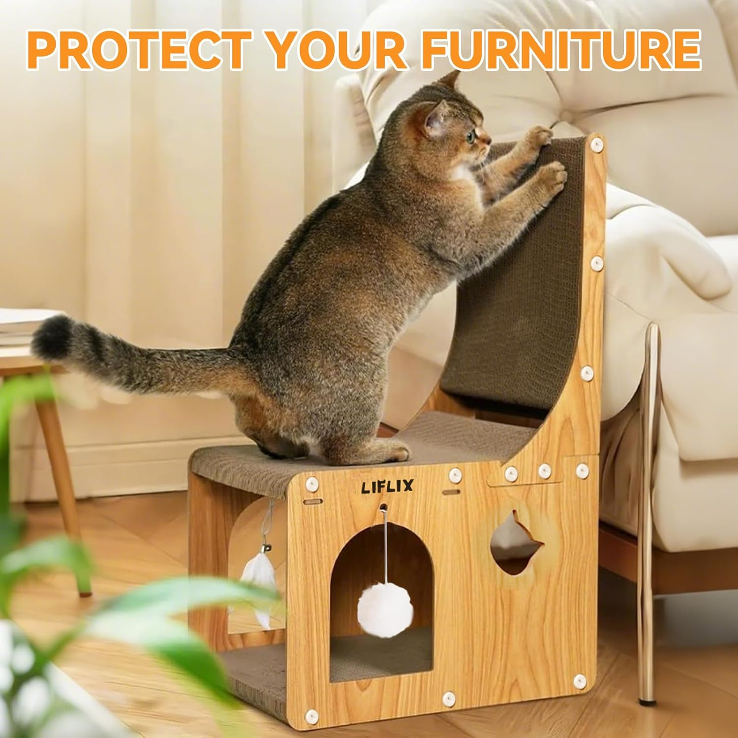 LIFLIX Double-Layer Cat Scratcher, L-Shaped Cardboard Cat Scratching Post with Toys, Cat Scratcher & Hideaway for Indoor Cats to Scratch, Rest, Stretch and Play image number 1