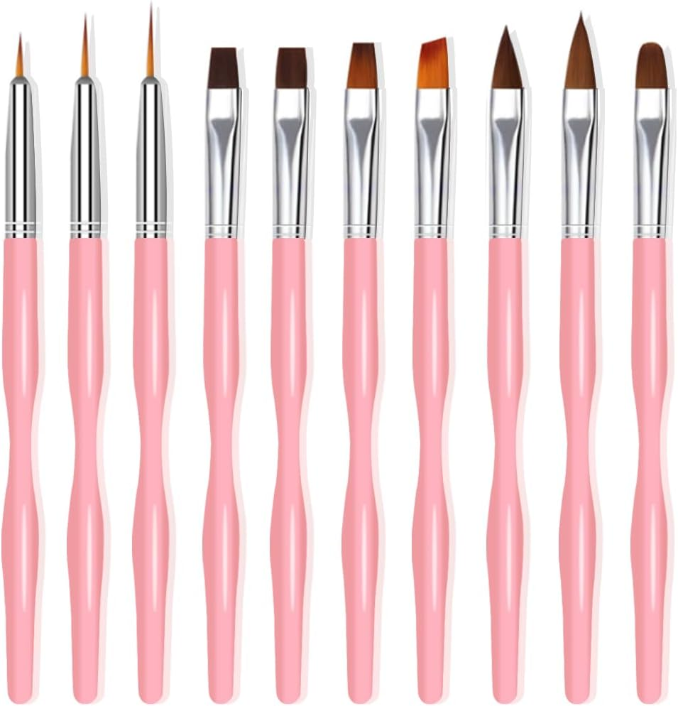 Nail Art Brushes Set, 10Pcs Nail Design Painting Brushes, Professional Nail Art Design Brushes, Nail Fine Liner Brushes, Pink