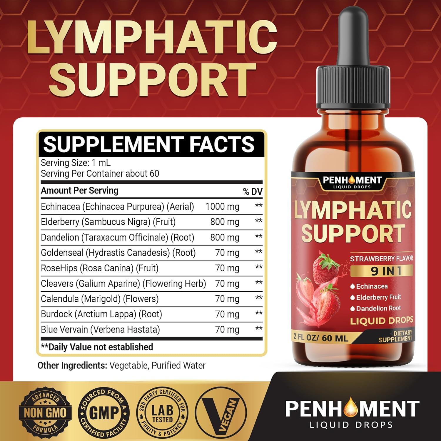 PENHOMENT 9In1 Lymphatic Drainage Drops Supplement - Echinacea | Elderberry | Dandelion | Rosehip | Cleavers | Calendula | Burdock - Lymph System Liquid Extract - Immune, Cleansing - 2 Fl Oz - 60 Days image number 6