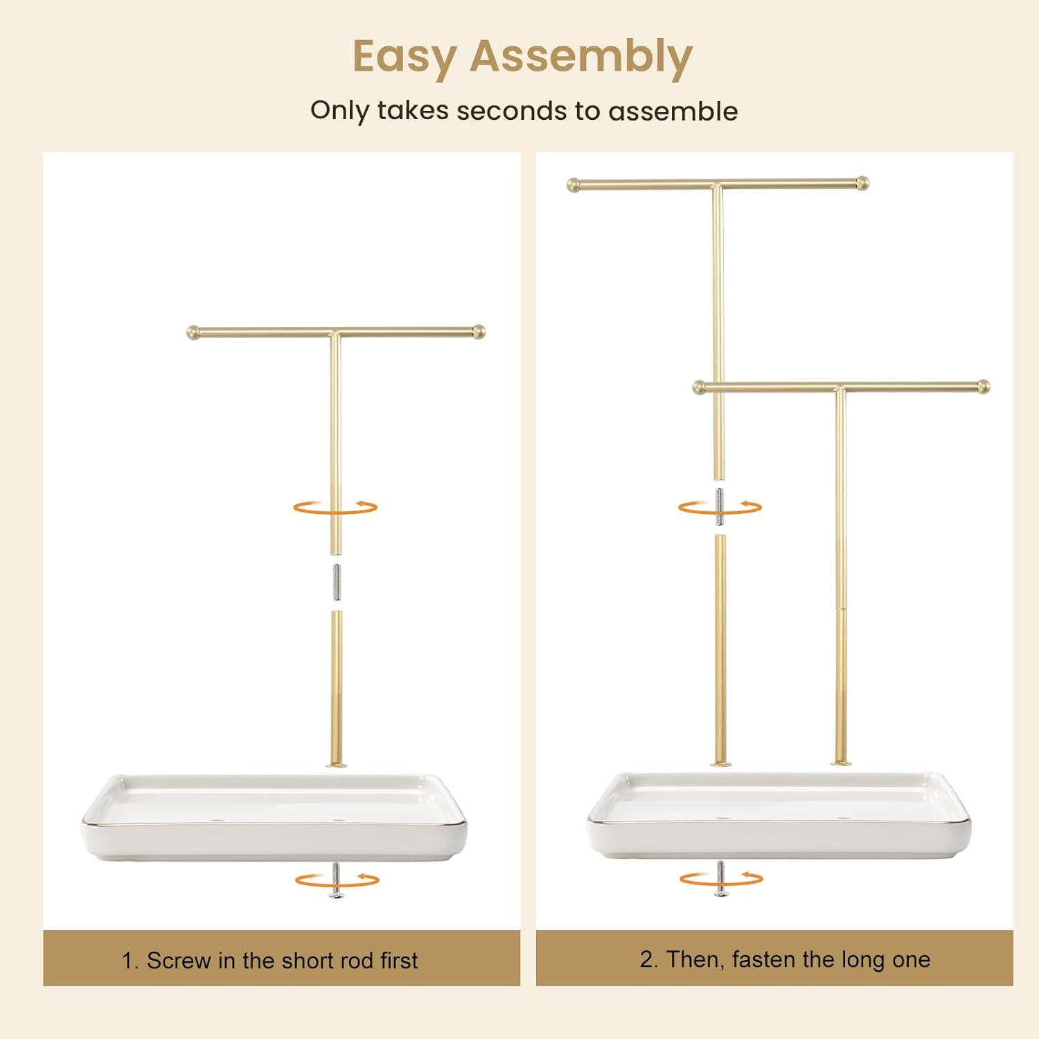Lolalet Necklace Holder, Jewelry Display Stand with Ceramic Base Tray Jewelry Organizer Tree for Necklaces Bracelets Earrings Rings -White, 2 Tiers - Black image number 3