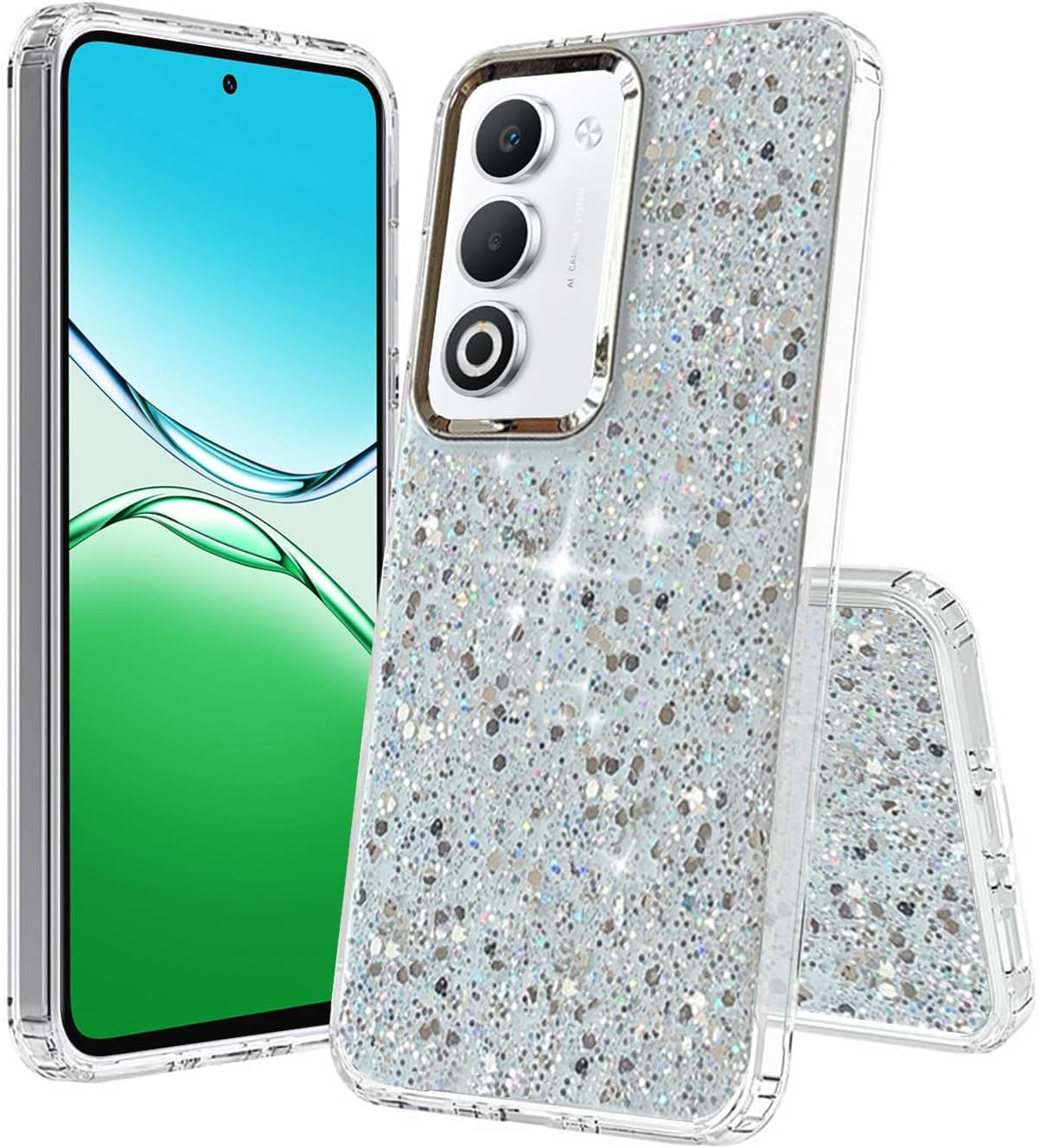 FORZARMOR for Oppo A5 5G (6.67 Inch) Global Version Case, Bling Glitter Fashion Silver Foil Sequins, Inner Airbag Shockproof Transparent Soft Cover (For Oppo A5) image number 6