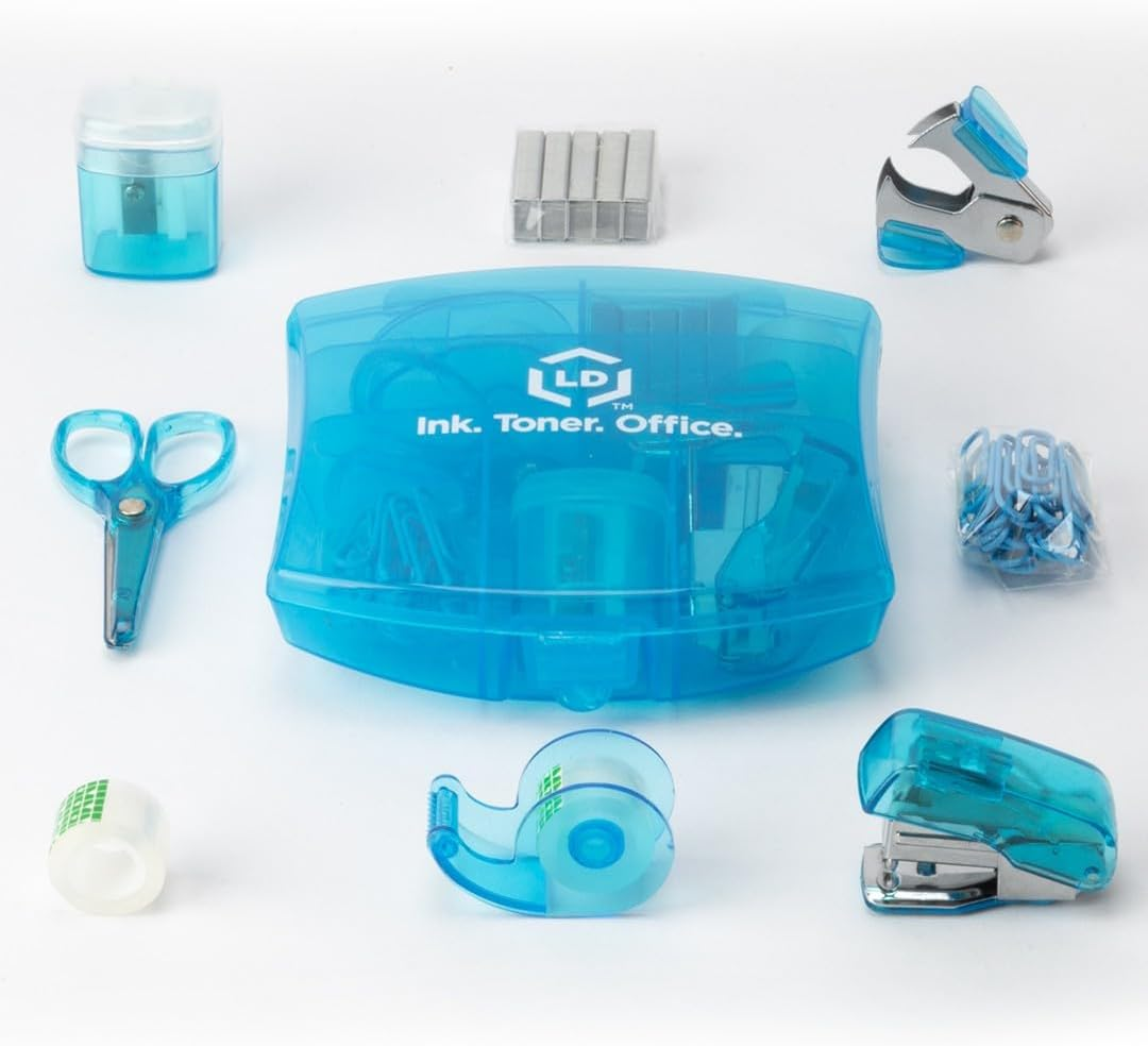 LD Products Clear Mini Office Supply Kit Portable Case with Scissors, Paper Clips, Tape Dispenser, Pencil Sharpener, Stapler & Staple Remover