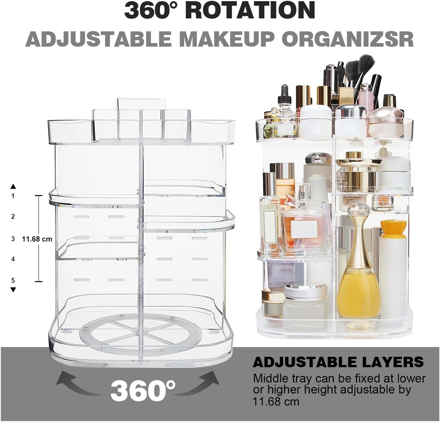 AMEITECH 360-Degree Makeup Organizer, DIY Adjustable Rotating Cosmetic Storage Carousel Spinning Holder Storage Rack with 5 Layers Large Capacity, Best for Countertop, Square image number 3