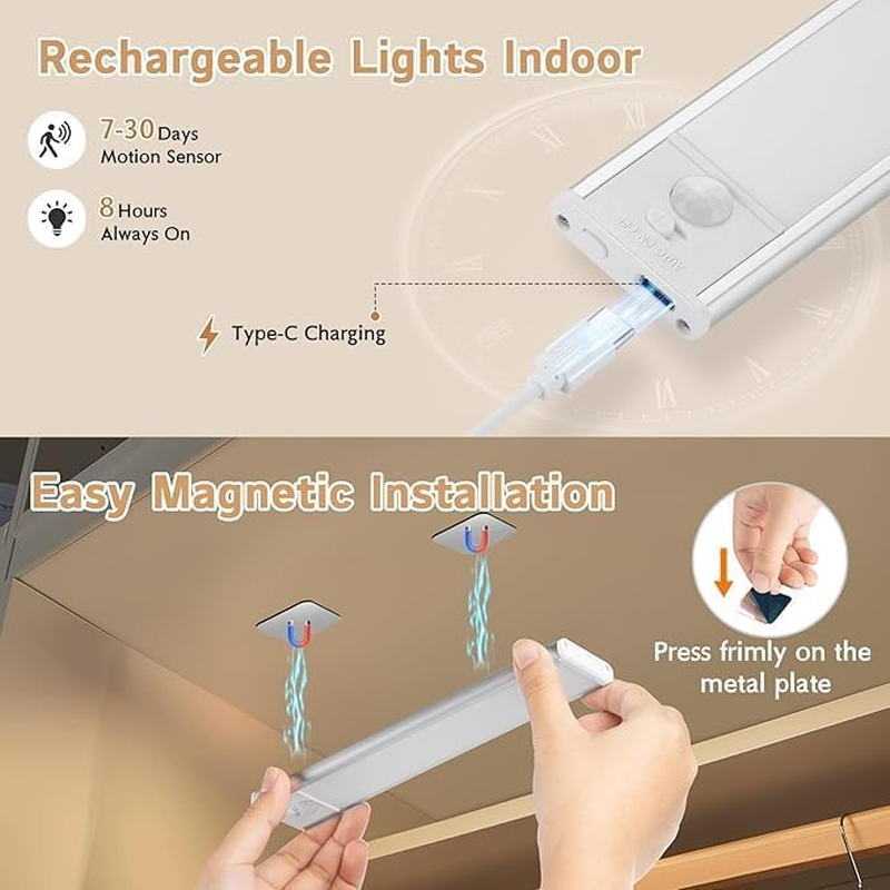 Under Cabinet Lighting, 4 Pack Rechargeable LED Motion Sensor Light 1100Mah, Wireless Battery Operated under Counter Lights for Kitchen, Magnetic Dimmable Closet Lights Stairs