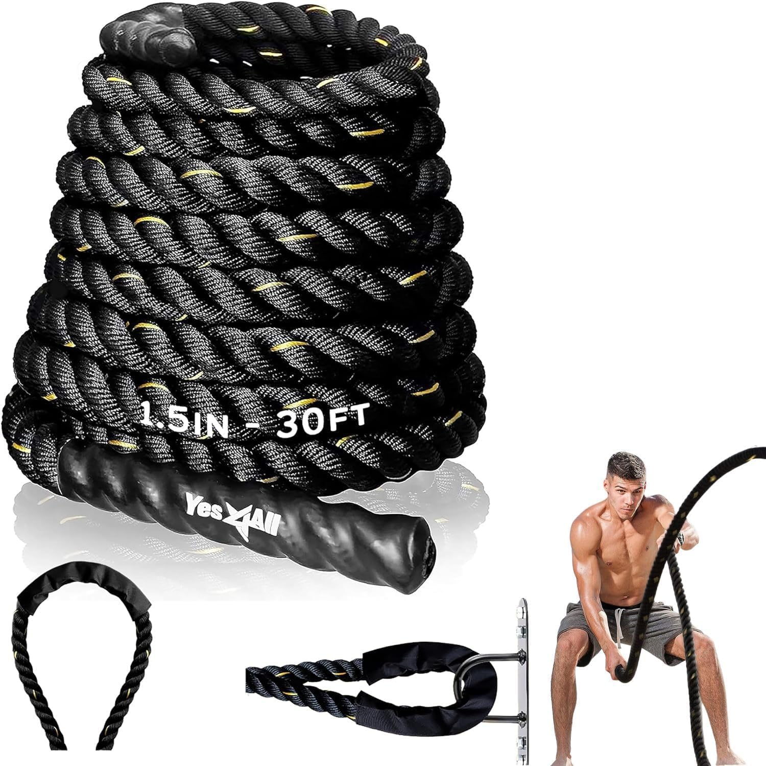 Yes4All 9M / 12M / 15M Battle Ropes with Cover, Battling Rope for Fitness Training Gym, Heavy Exercise Ropes 38Mm / 50Mm, Heavy Ropes for Strength Workout