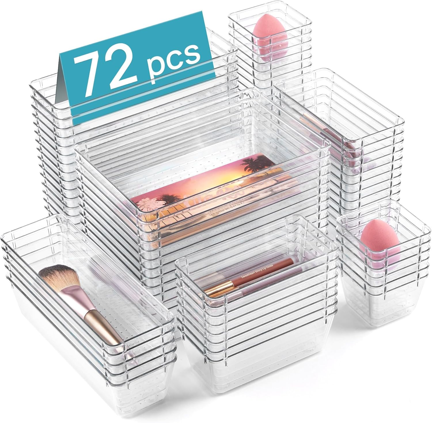 2025 Upgraded 72PCS Clear Plastic Drawer Organizers Set, 4-Size Versatile Bathroom and Vanity Organizer Trays, Non-Slip Storage Containers for Makeup, Jewelries, Bedroom, Kitchen Utensils and Office image number 1