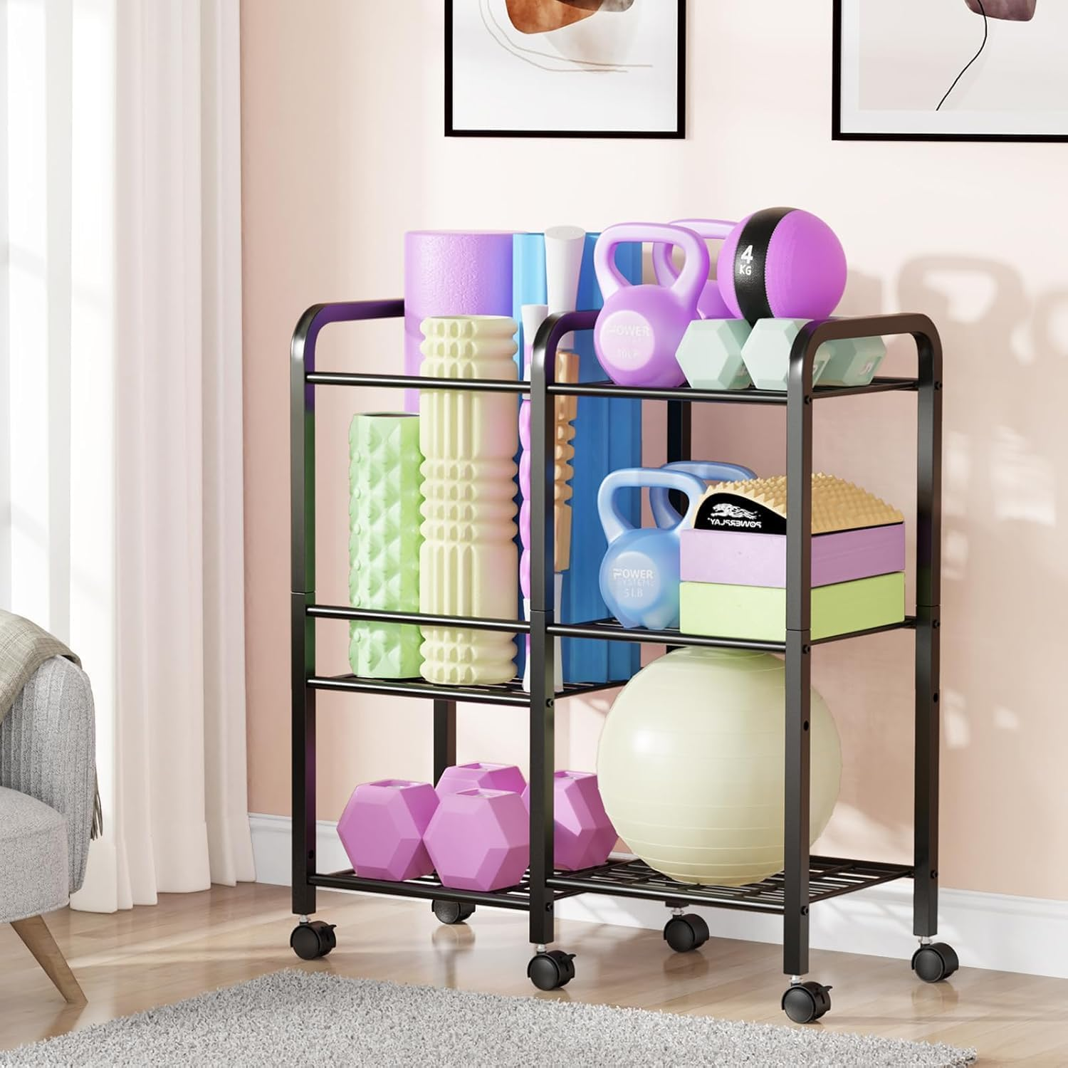 Yoga Mat Storage Rack Yoga Mat Holder Home Gym Equipment Workout Equipment Storage Organizer for Yoga Block,Foam Roller,Resistance Band,Dumbbell,Kettlebel image number 3