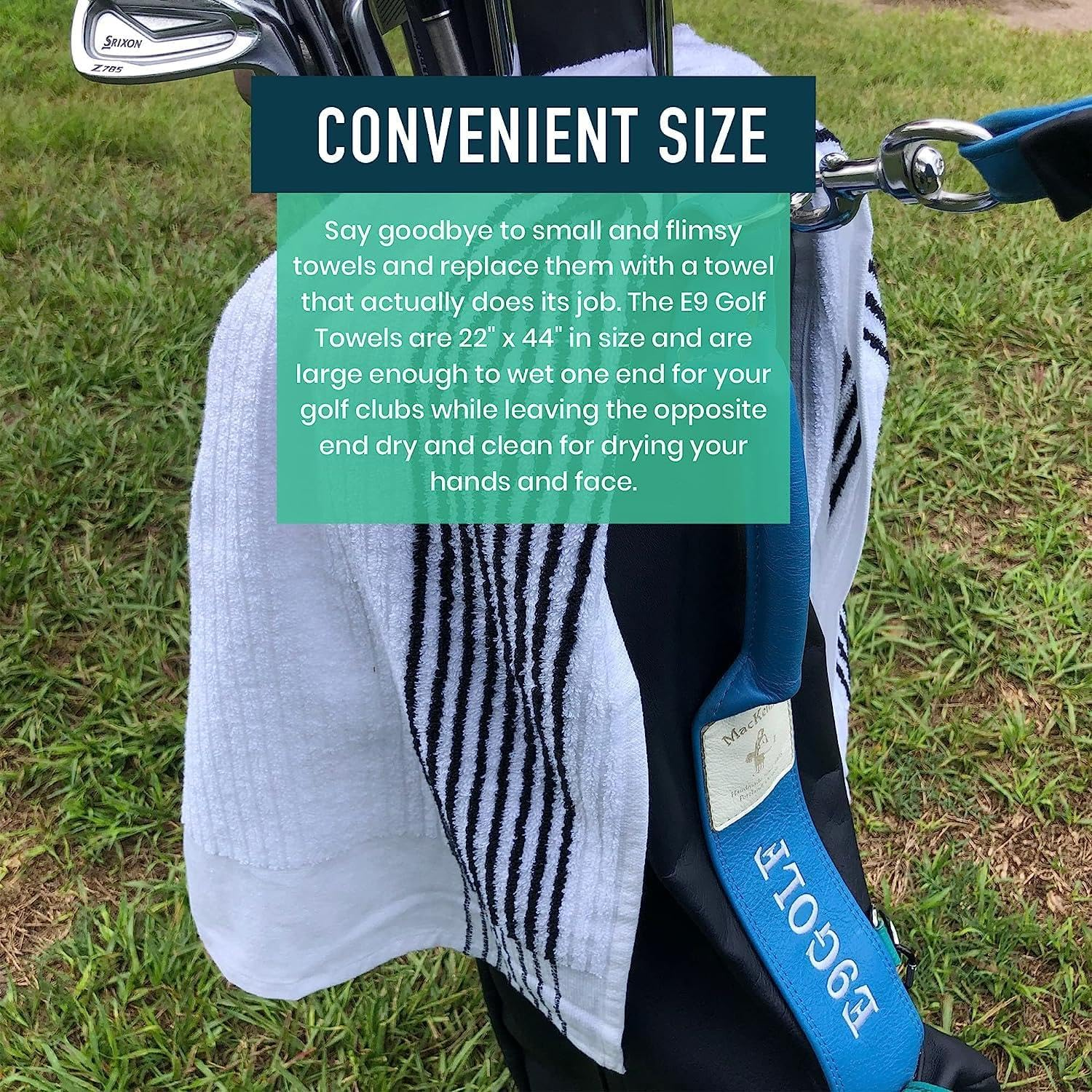 E9 GOLF Caddy Towel - Large 22" X 44" Caddie Style Golf Towel Design, Use the Same Golf Towel That Tour Players Use, Simple, Clean Design, White with Black Stripes image number 2