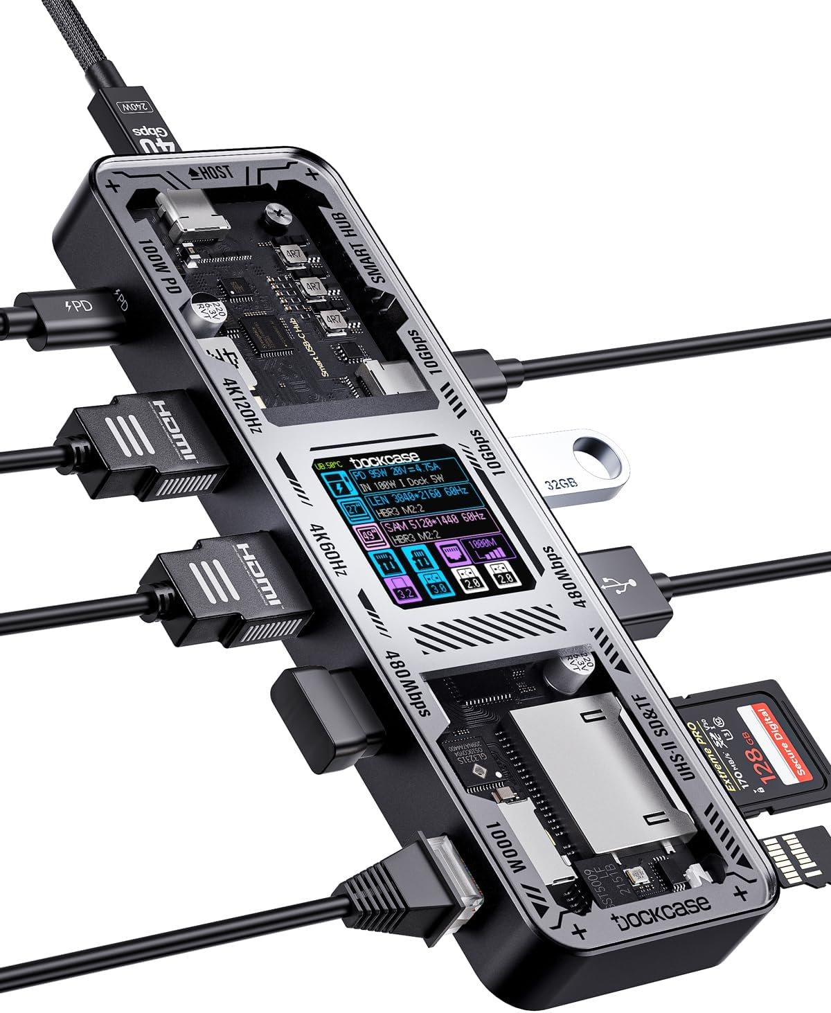 DOCKCASE Explorer Edition 10-In-1 USB C Hub, Dual 4K HDMI USB C Adapter, Gigabit Ethernet,1 USB-C and 3 USB-A Ports,100W PD Power Delivery, UHS-II TF/SD Card Reader for Macbook Pro,And More (Silver)