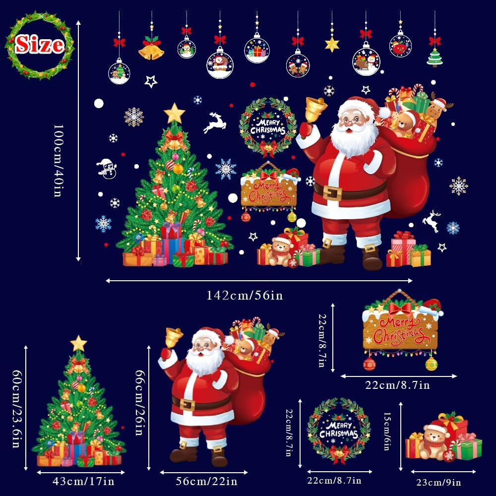 Christmas Decorations Window Clings Large Santa Claus Xmas Tree Snowflake Double Side Decals Ornament Display Window Wall Door Decor Reusable DIY Static Stickers image number 3