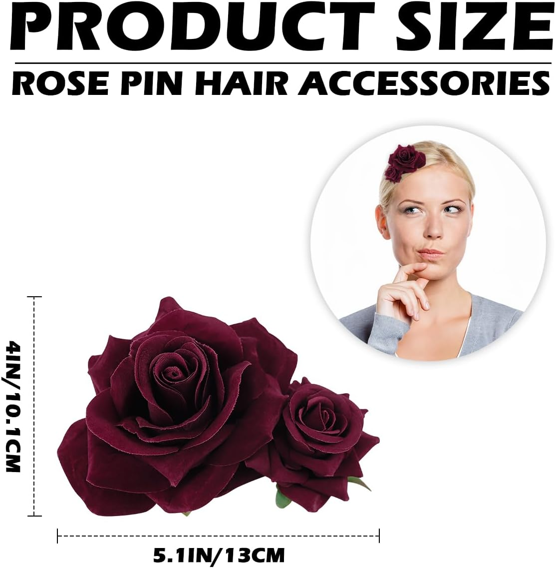 ZJIVQO Red Rose Hair Clip Flower Hairpin Brooch Velvet Ornament Rose Flower Hair Accessories for Woman Girl Ladies Wedding Hair Clip Flamenco Dancer Valentines Day Decoration, Wine Red image number 4