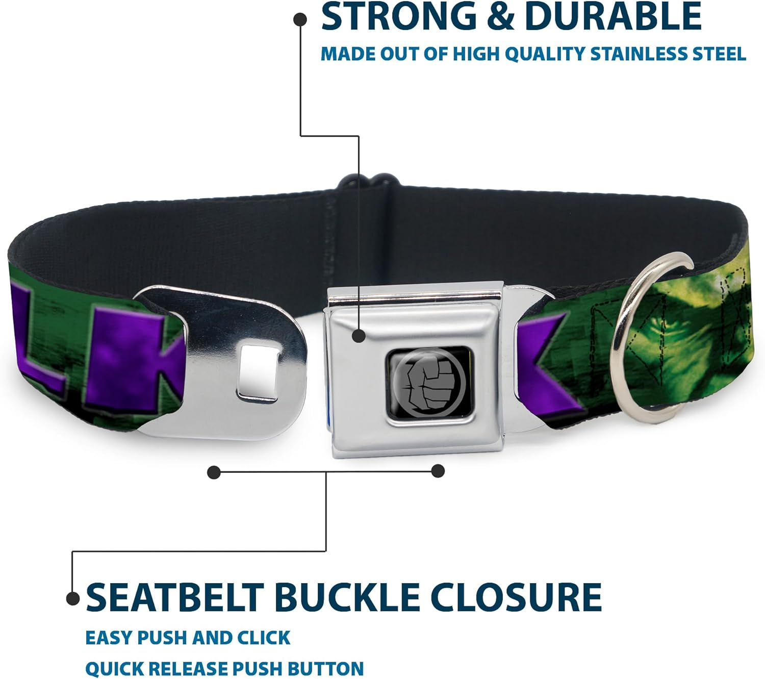 Dog Collar Seatbelt Buckle Hulk Face Close up Action Pose Greens Purples 11 to 17 Inches 1.0 Inch Wide image number 3