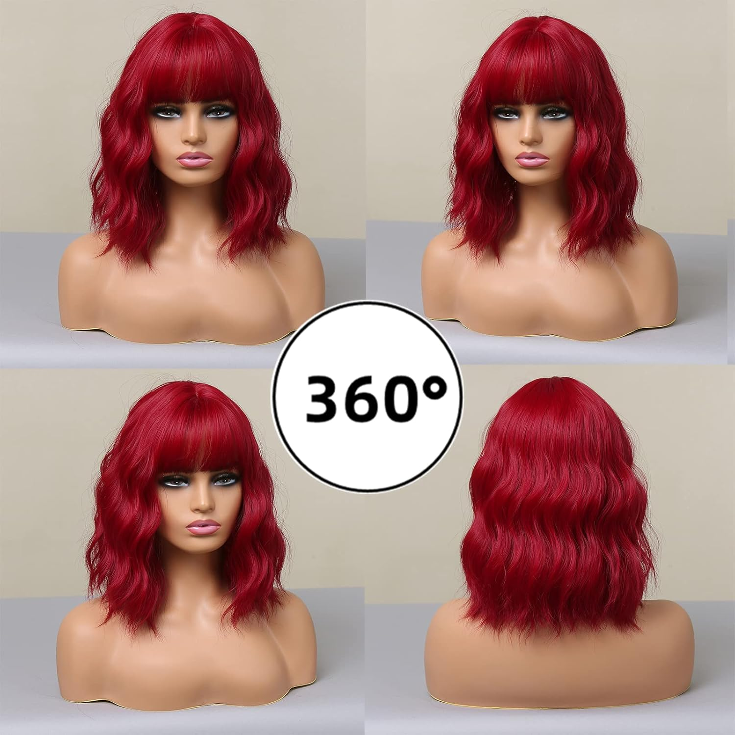 Red Bob Wig with Fringe, Short Curly Women'S Lolita Wigs, Synthetic Wig for Women, Daily Life, Anime Cosplay Costume, Party, Halloween, Carnival, 35 Cm image number 4